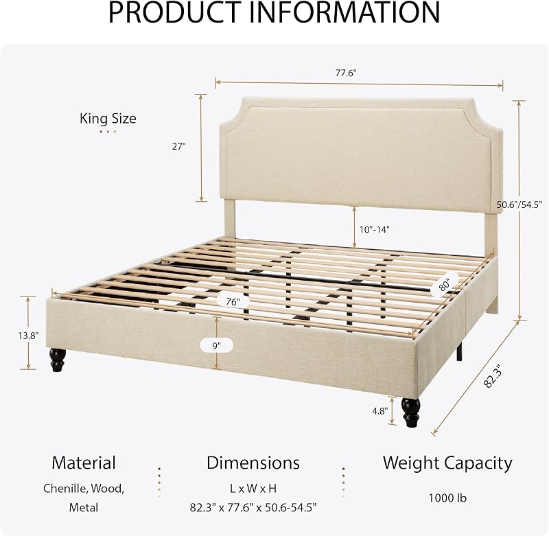 SHA CERLIN King Chenille Upholstered Platform Bed Frame, Beige image 2