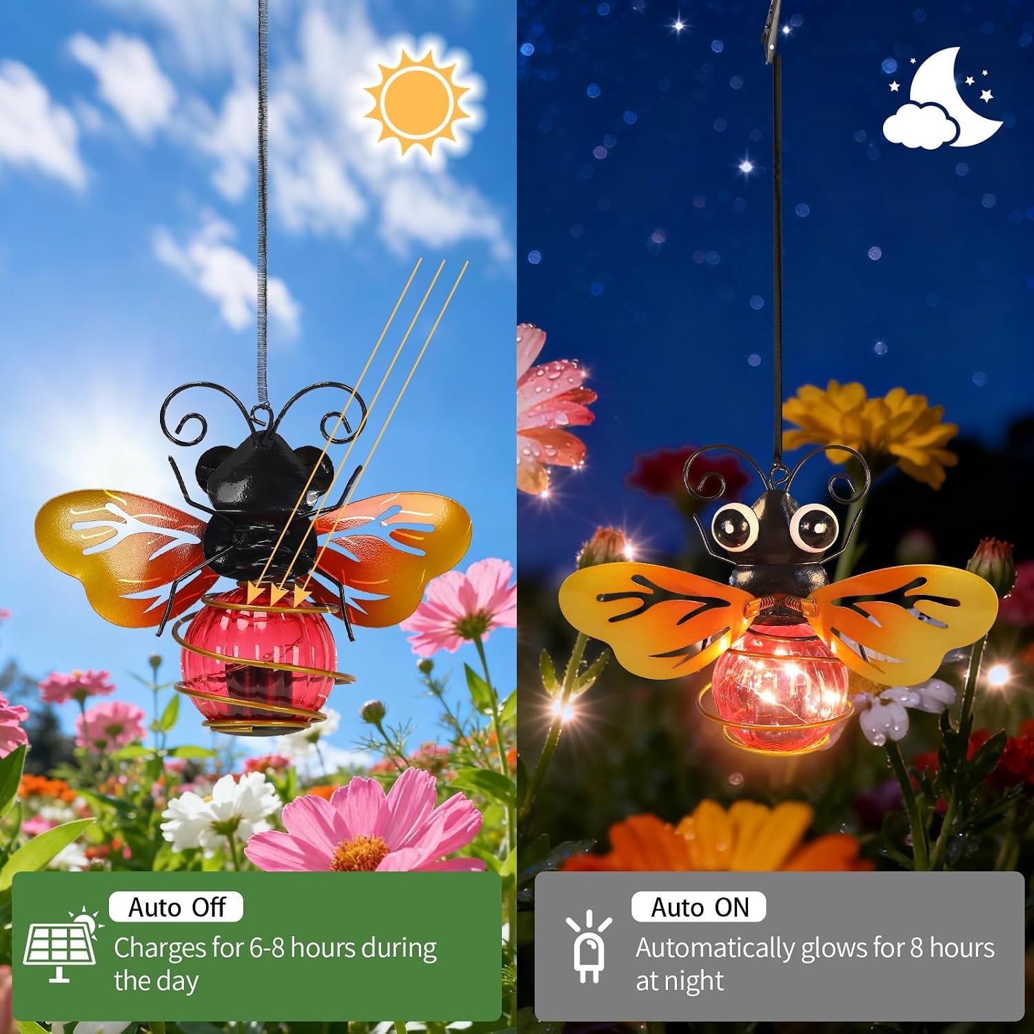 2 Pack Bee Outdoor Decor with Bouncy Springs Pendant Lights Birthday Gifts for Women Mom Grandma,Hanging Solar Lights Outside Waterproof Metal Solar Garden Decoration for Porch,Yard,Patio image 2
