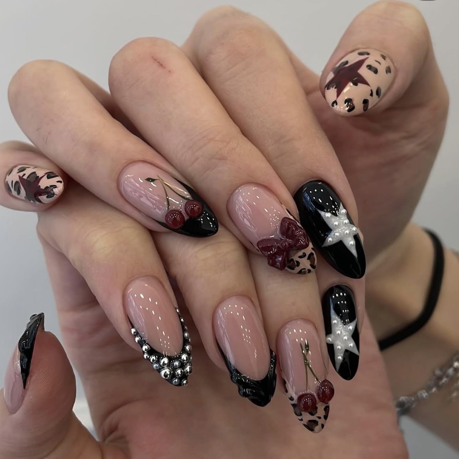 Nail Art Stickers, Cherry Press On Nails Medium Almond with Designs, Fashion Enhancement for Parties and Events, French Style Bow Leopard Star Patterns-image-43