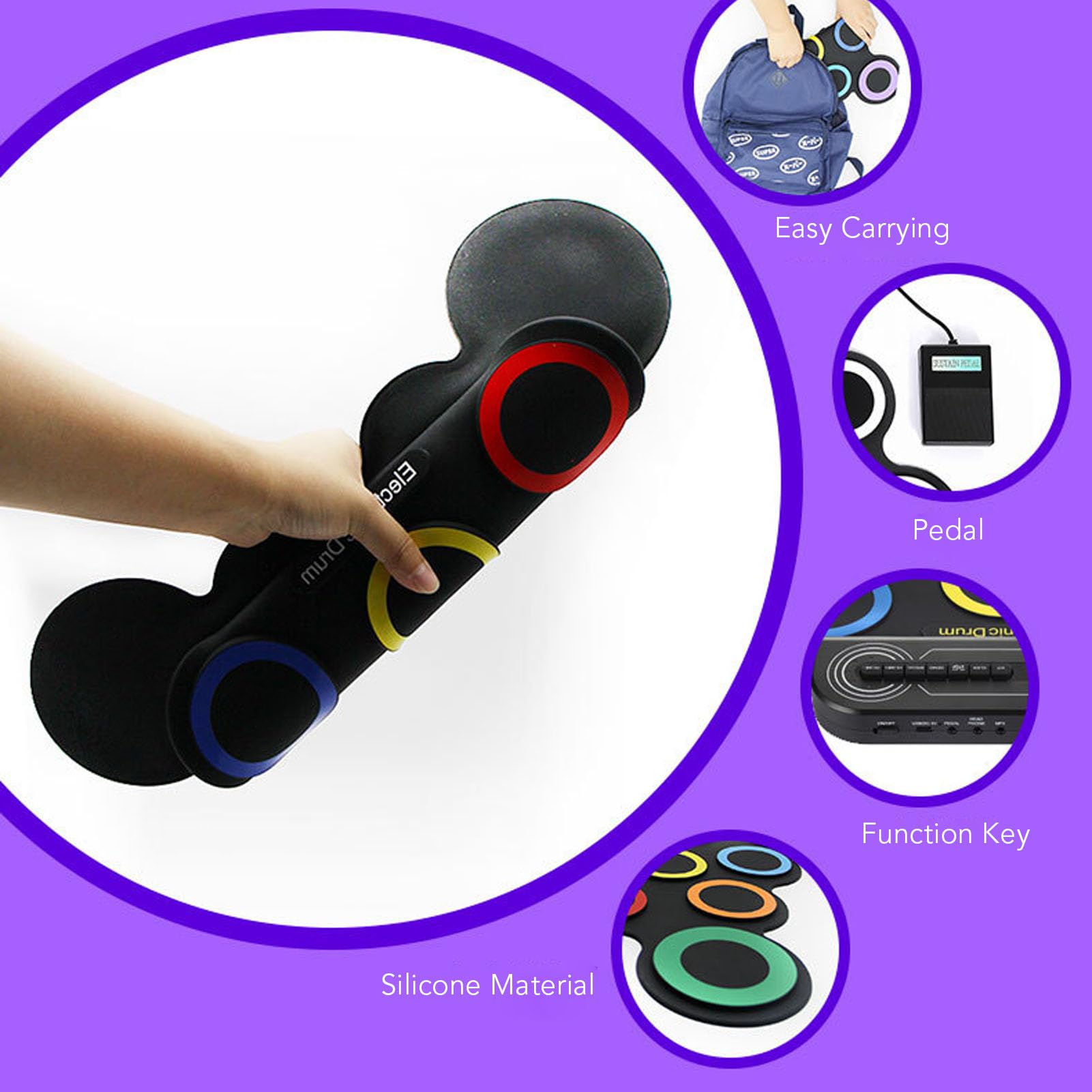 Tissting Batería Electrónica Plegable 7 Pads Con Parlante - Regalo Infantil Portátil Recargable Para Fiestas Y Clases De Música