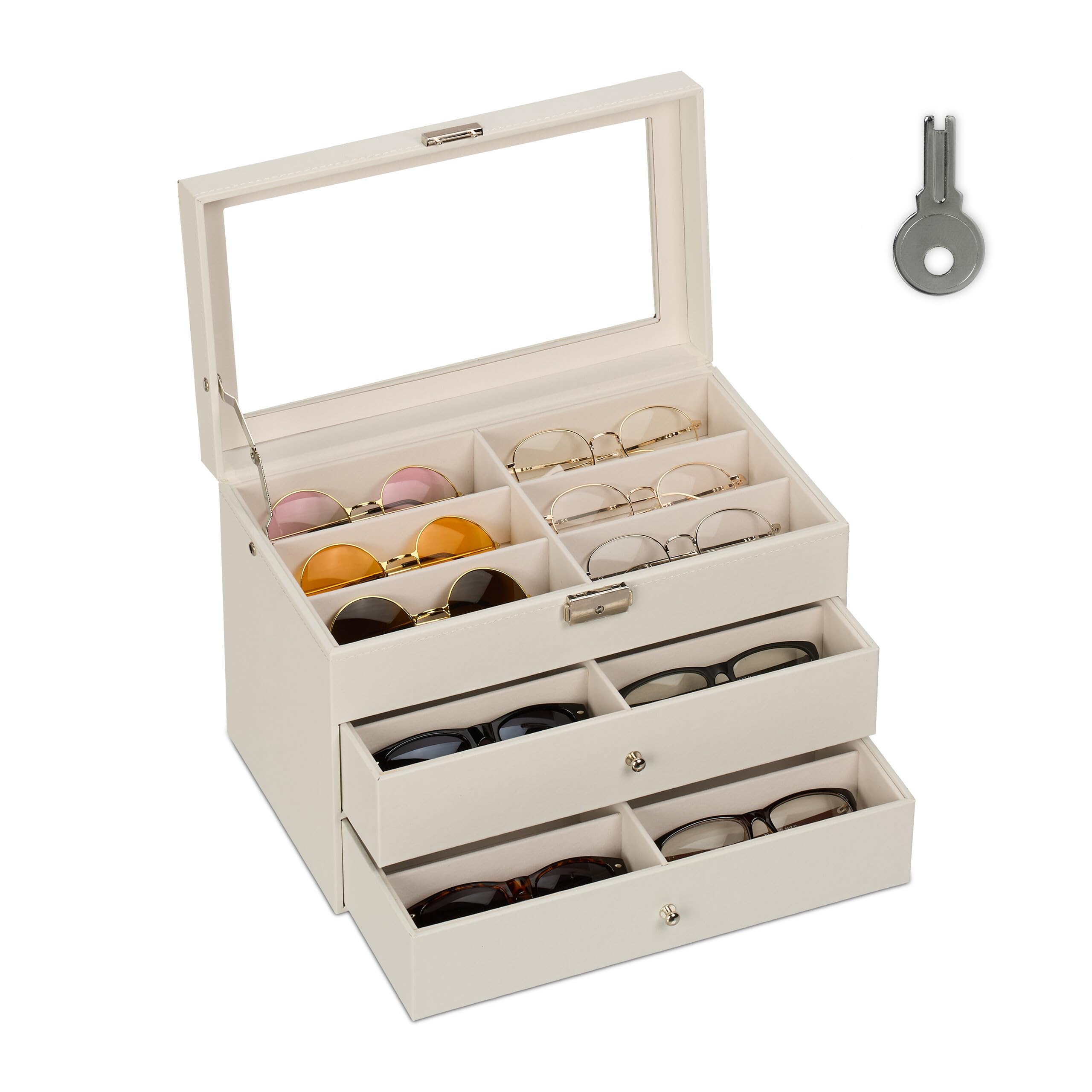 Relaxdays Glasses Box, 18 Pairs Case, Leather Look, Velvet Cover, Transparent Window, HWD 22.5 x 33.5 x 19 cm, White, 27 x 17 x 23 cm