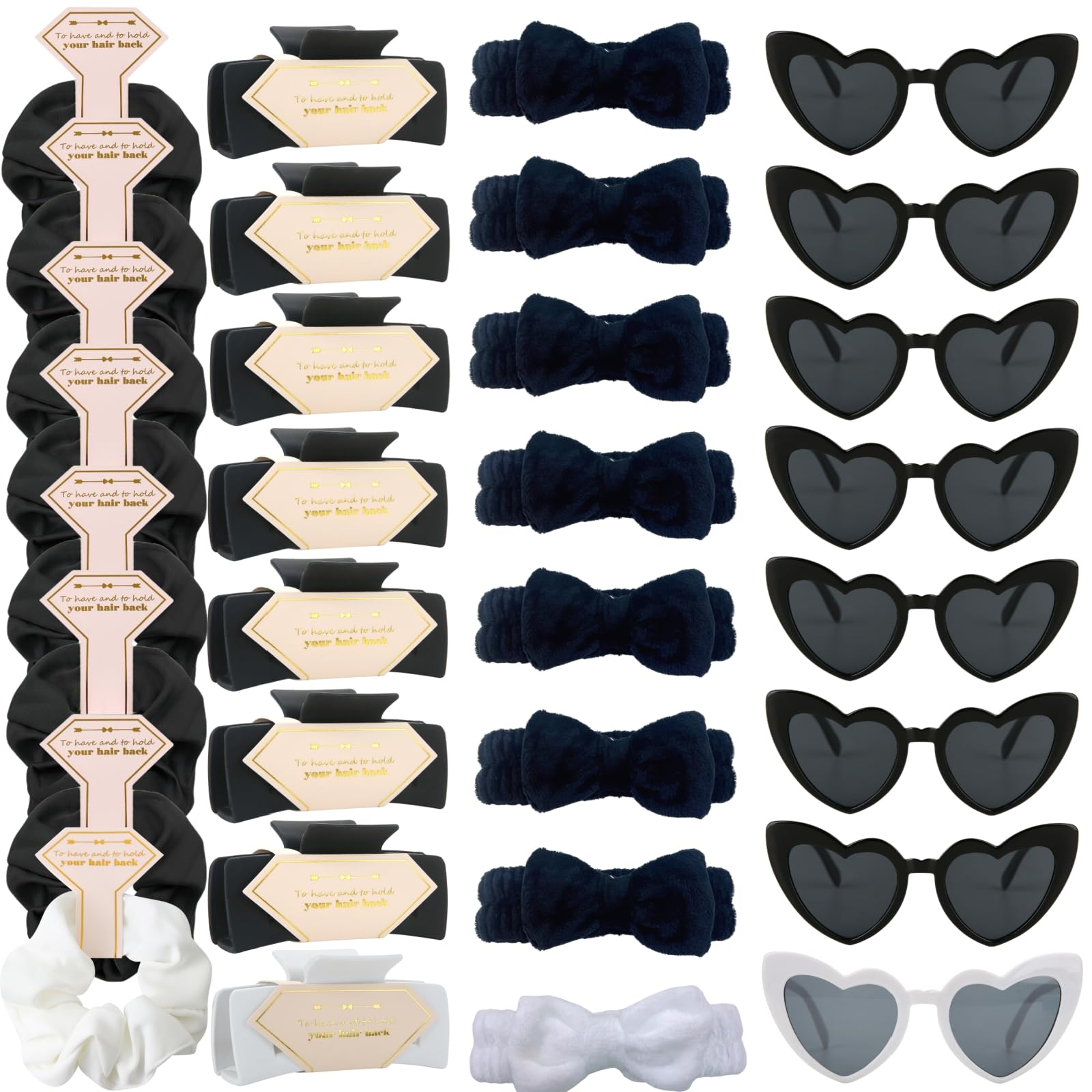 Tethzeng 32pcs Bridesmaid Scrunchies Proposal Gifts square 4.1inch Bachelorette Hair Claws Clips Girls heart sunglasses headband gift for Wedding Party Favors (White&Black)
