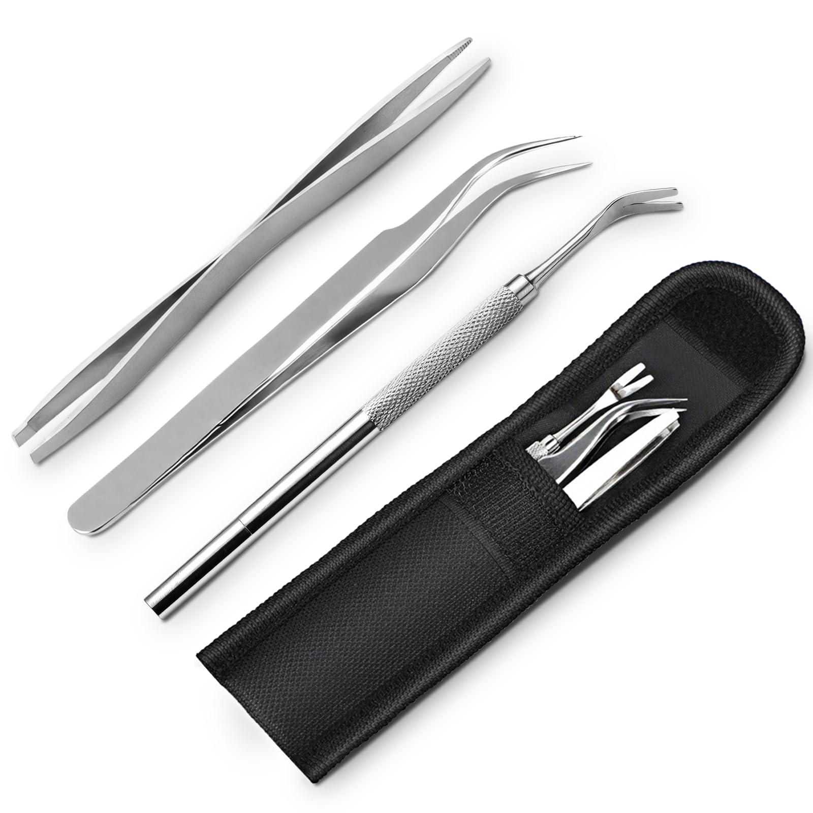 Zeckenzange Set 3-teilig – Tire Tique Humain en Acier Inoxydable pour Humains, Chiens et Chats – Tire Tique avec Pince à tiques, Crochet et étui de Rangement