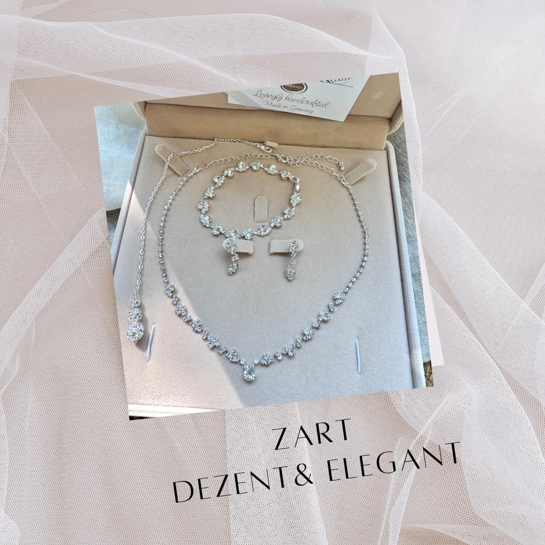 Brautschmuck Set Silber, Halskette 38-48cm, Rückenkette 23cm, Armband 18,5cm, Ohrringe 2,5cm mit Strass