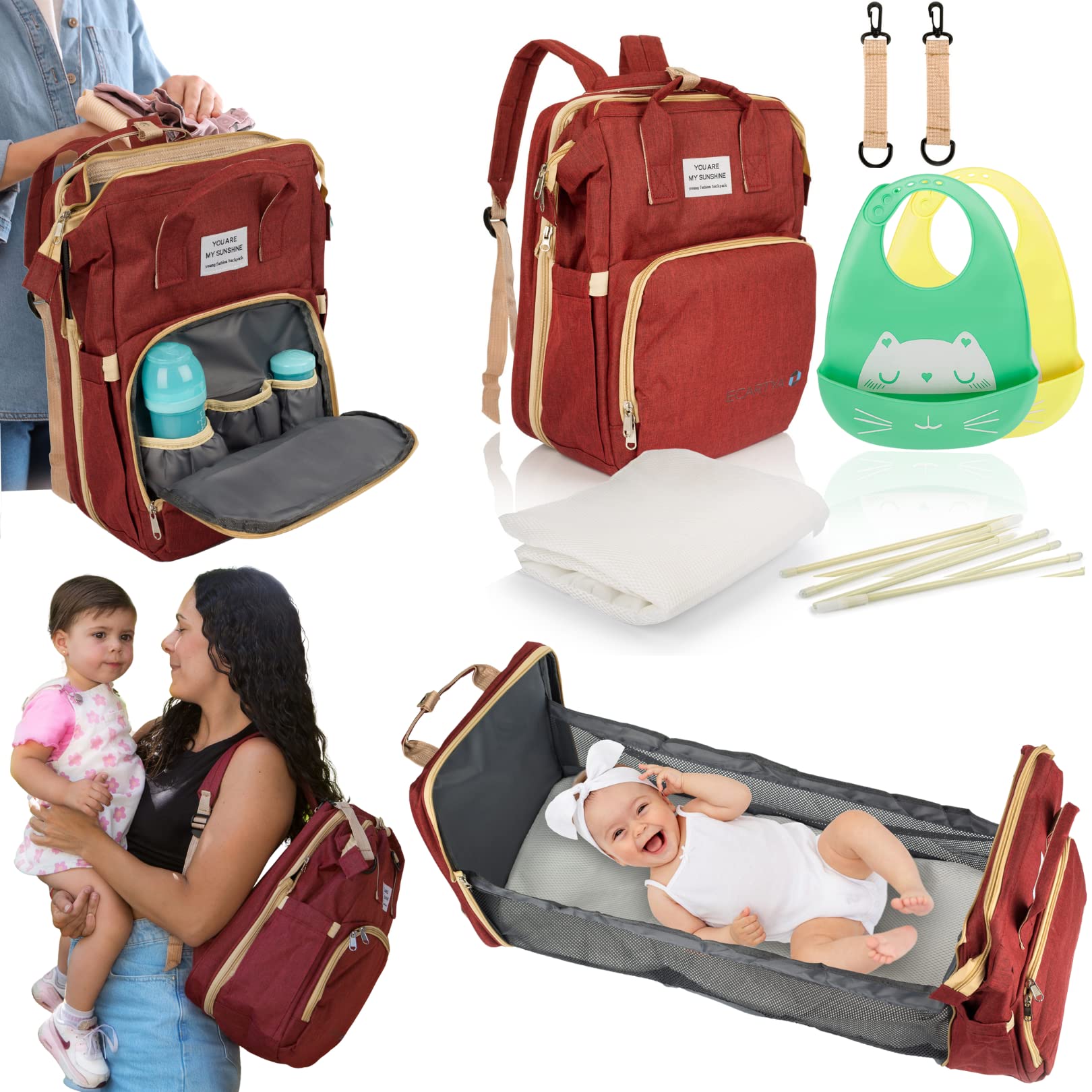 ECARTYA Mochila Pañalera de Bebés + Babero + Colchón + Sujeción para Carro. Mochila Bebé Multifuncional con Cuna Desplegable. Mochila Carro Bebé de Gran Capacidad e Impermeable.