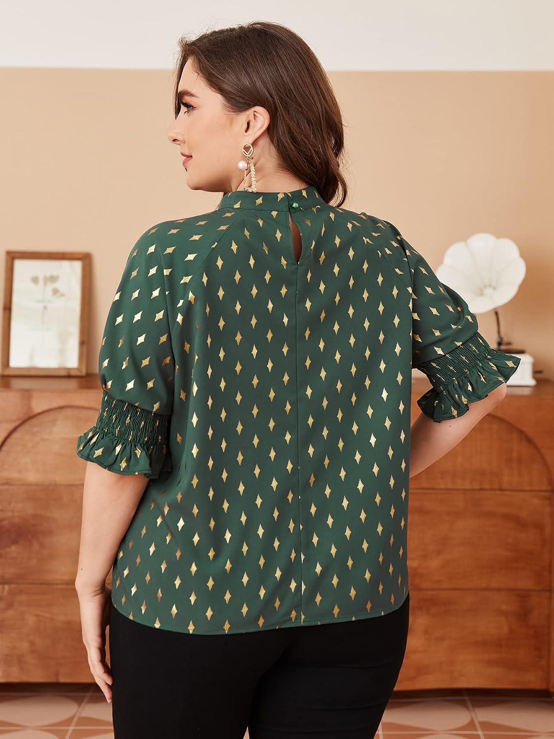 Romwe Women's Plus Size Pleated Mock Neck Puff Sleeve Work Office Blouse Tops