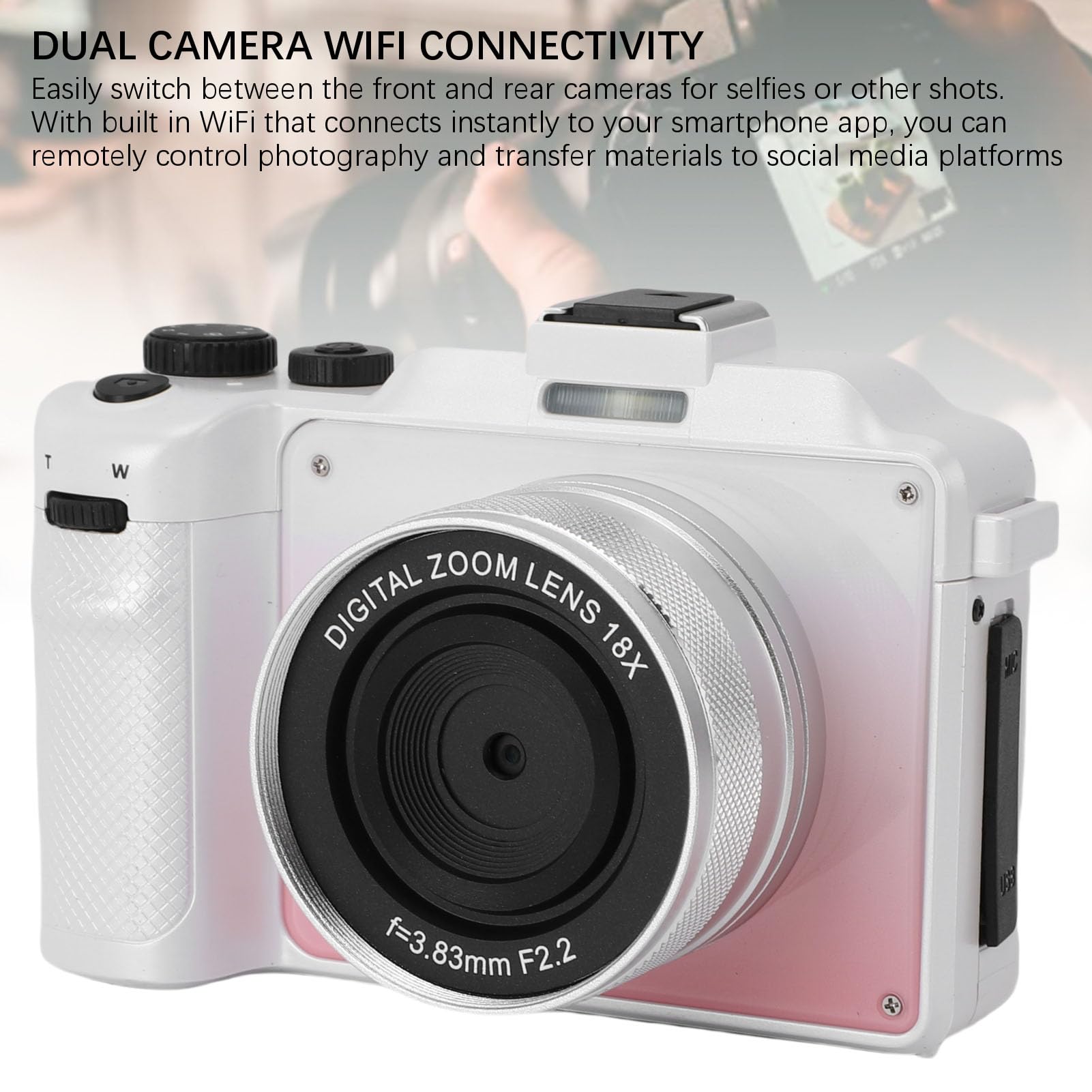 CCYLEZ Kamera Cyfrowa 5K do Fotografii, 80MP Travel Vlogging Camery, Wi -Fi 18X Zoom Retro Camera, Auto Focus Vintage Aparaty z 3 -calowym Ekranem, z Paskiem Ręcznym (gradientowy różowy)