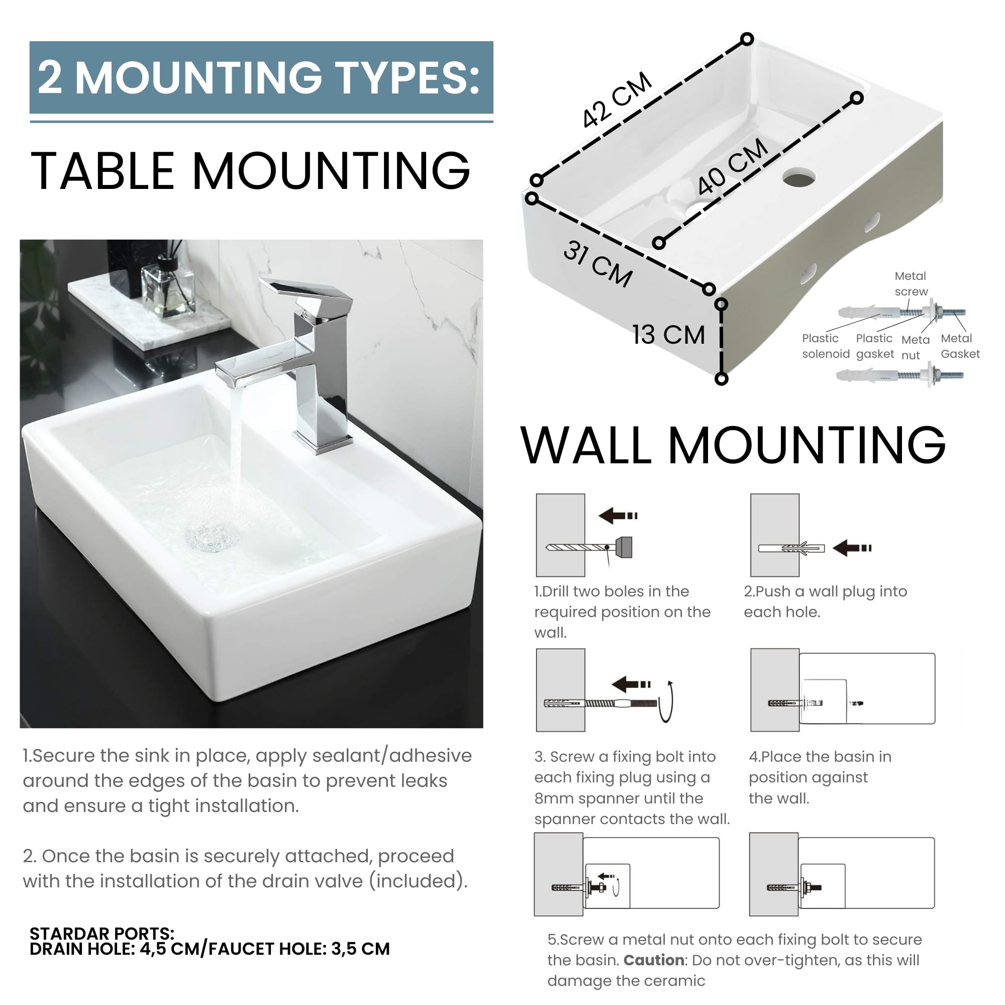 MAGIC SELECT Lavabo in Ceramica, Lavabo da Appoggio Bianco, Lavabo Sospeso Bagno Antimacchia, Facile da Pulire con Attacchi Standard. Ideale per Cucina o Bagno. (42x31x13 CM)