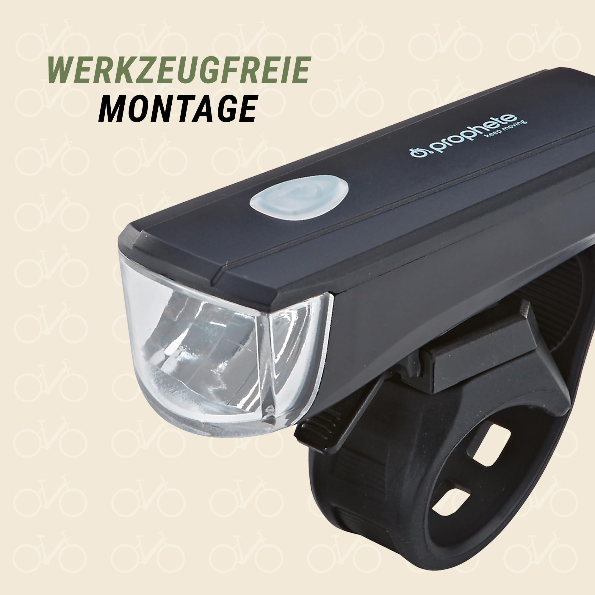 Prophete Oświetlenie rowerowe – reflektor LED 15 luksów i tylne światło LED, łącznie z materiałem mocującym