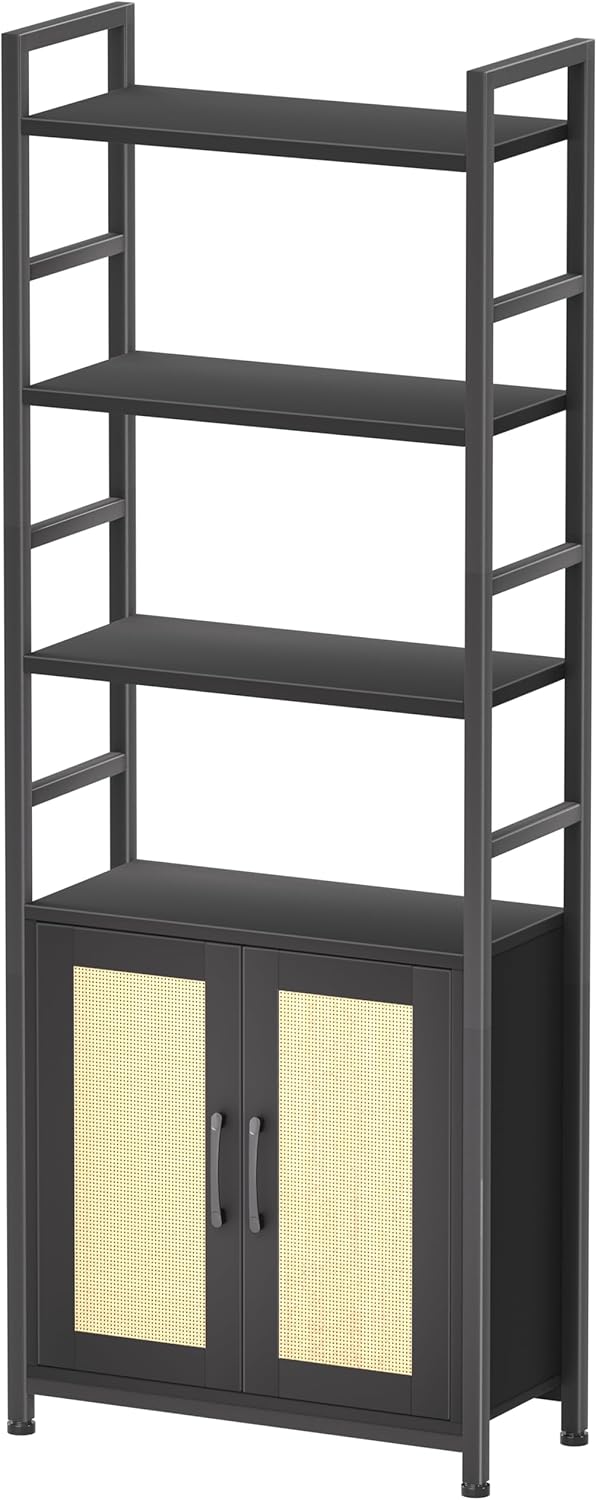 Rattan Bookshelf with Doors,70" Tall Bookcase with Storage Cabinet,6 Tier Book Shelf for Living Room/Bedroom/Home Office/Kitchen,70"(H)*26"(L)*11.8"(W)