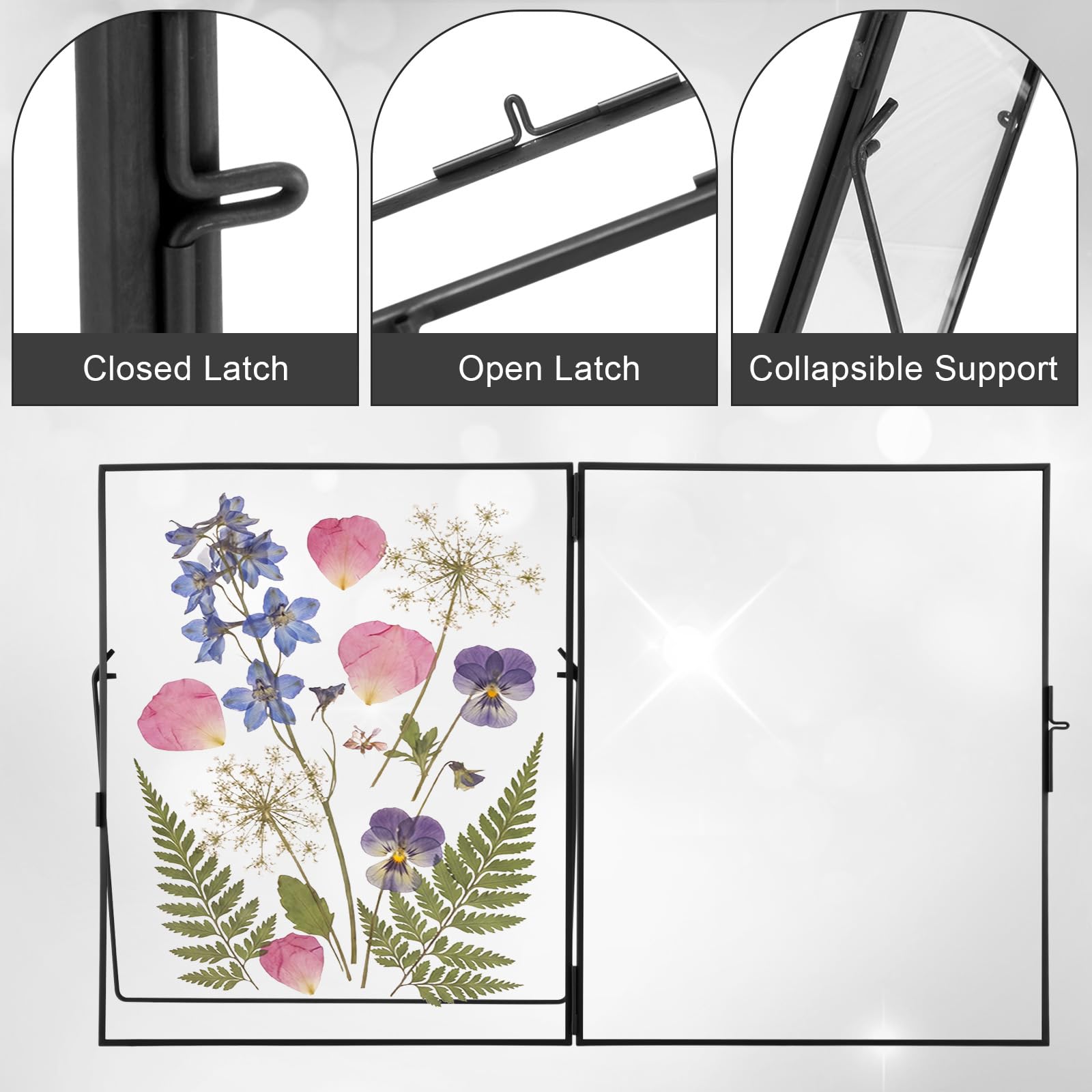 Vicenpal 3 Stück gepresster Blumenrahmen aus Glas, handgefertigt, 15,2 x 20,3 cm, schwebende Bilderrahmen für gepresste Blumen, Messing, Doppelglas für Tischdekoration, Heimbüro, Pflanzenexemplare