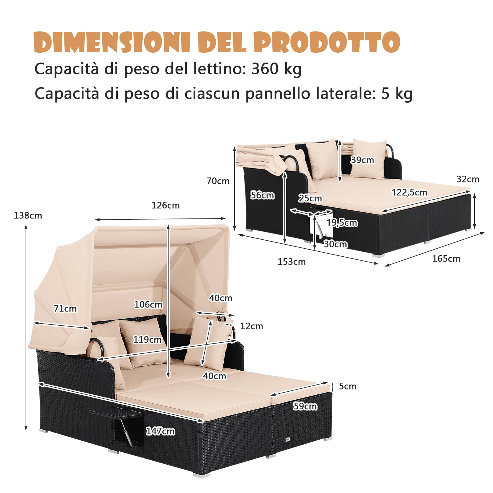 COSTWAY Lettino Prendisole per 2 Persone, Divano Letto Matrimoniale da Esterno in Rattan con Tettuccio Retrattile e Cuscini, Isola Prendisole per Giardino Cortile Balcone,165 x 153 x 138 cm (Beige)