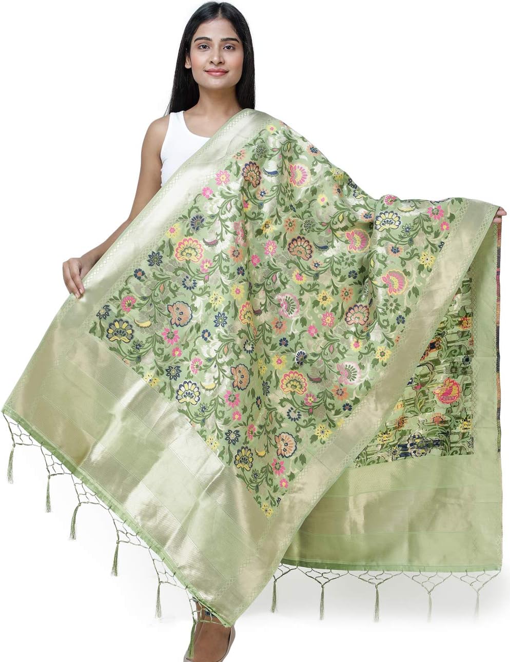 Exotic India Brocade Dupatta from Gujarat with Woven Floral Motifs All-Over