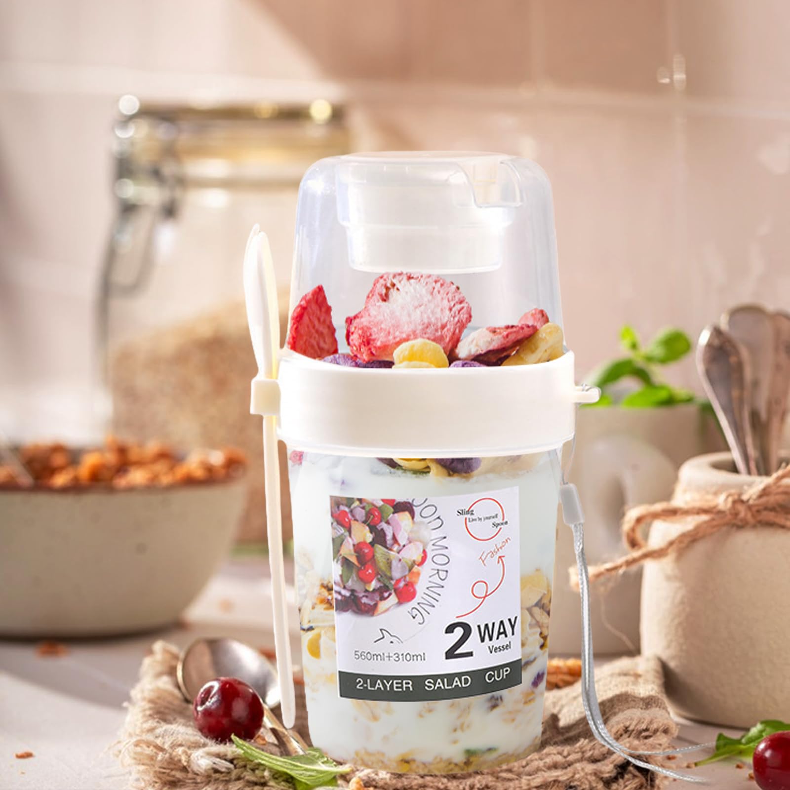 Tapa Reutilizable Para Llevar Yogur Y Cereales - 870 Ml Con Cuchara Y Compartimentos Separados