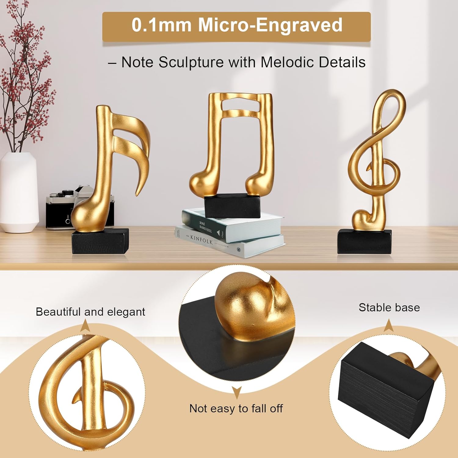 3 Pcs Music Note Sculptures,Handmade Modern Musical Decoration Table Centerpiece Statue for Piano Bookshelf Bathroom Music Room Coffee Table (Gold)