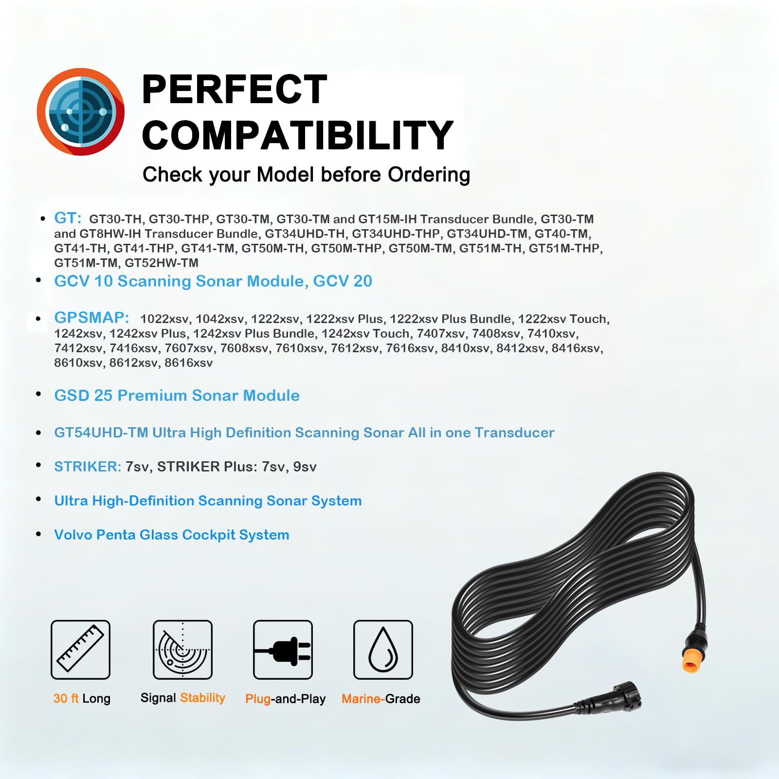 Yoursme 010-11617-42 Cable de extensión de transductor XID Xdcr 30 pies 12 pines compatible con Garmin 010 11617 42 cable transductor
