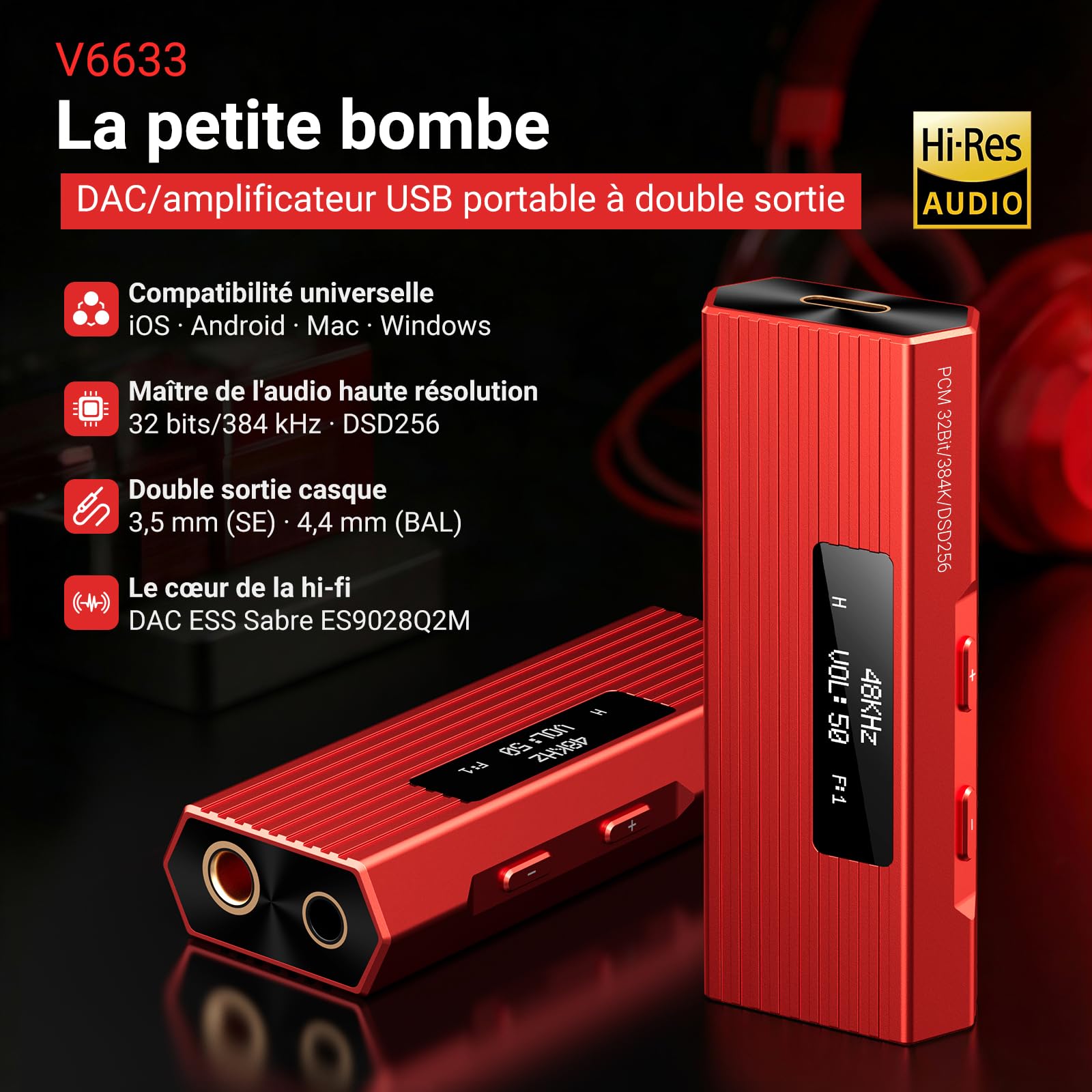 joliker Amplificatore Cuffie DAC USB-C Portatile Hi-Fi ES9028Q2M, DSD256/PCM 384kHz 32bit, uscite 3,5mm + bilanciata 4,4mm, Compatibile iPhone 15/16, Android, PC, Mac