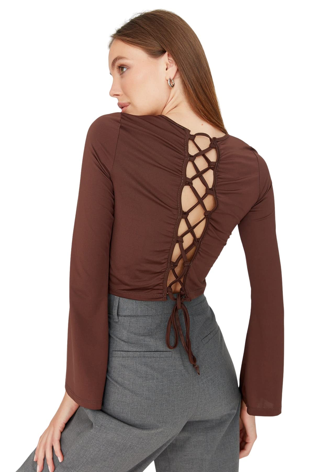 Trendyol Damen Braun Strickbluse Mit Rundhalsausschnitt Hemd, Small