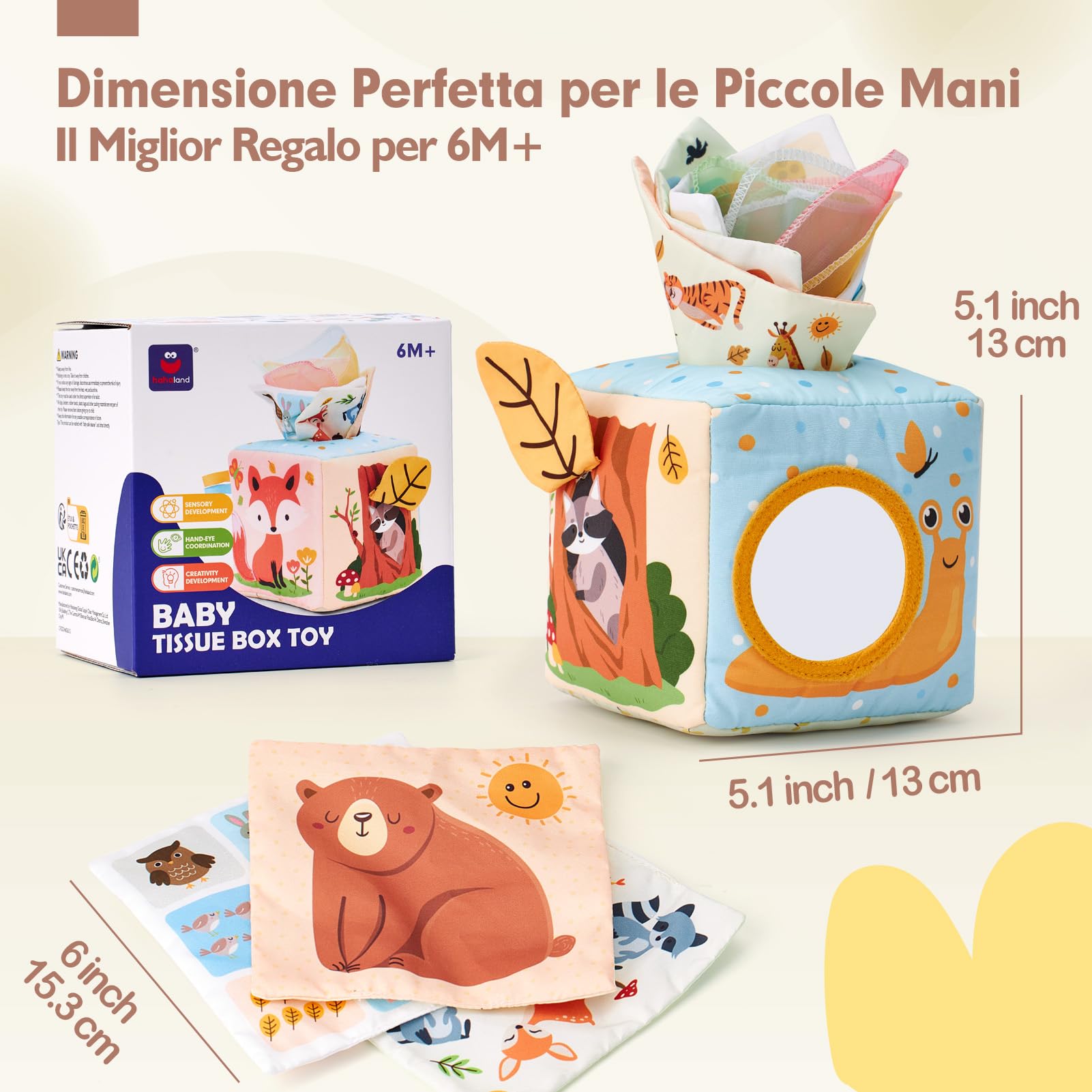 hahaland Scatola di Fazzoletti Montessori 3-6 Mesi, Giochi Neonati Sensoriali Scatoletta Interattiva in Tessuto e Specchio, Regalo Neonato Maschio