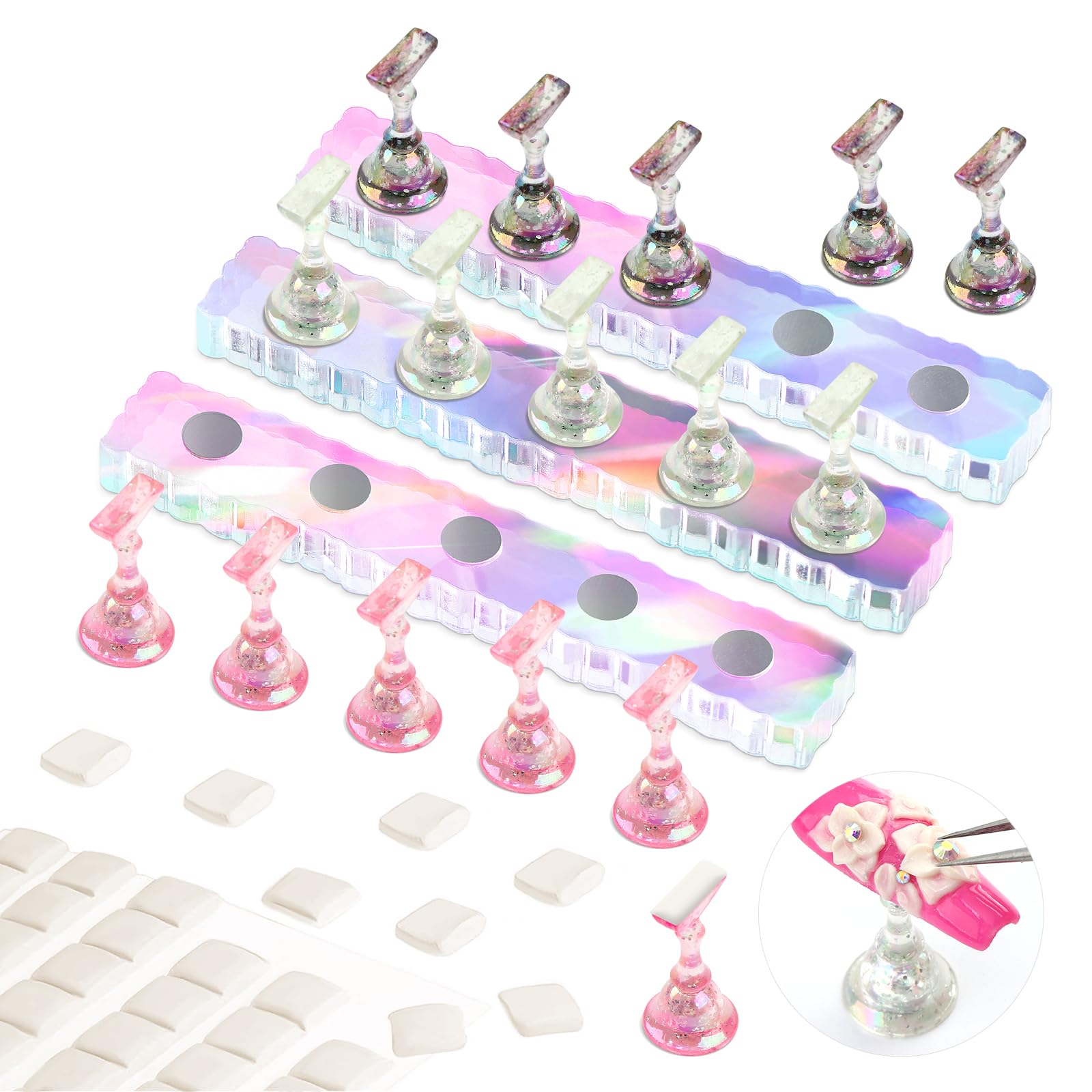 Saviland Nail Stand for Press ons: 3 Set Strong Magnetic Aurora With Nail Stand 40 Pcs Reusable Sticky Putty Nail Holder For Painting Nails For Nails Practice Acrylic Nail Holder Home Beginner Supplies