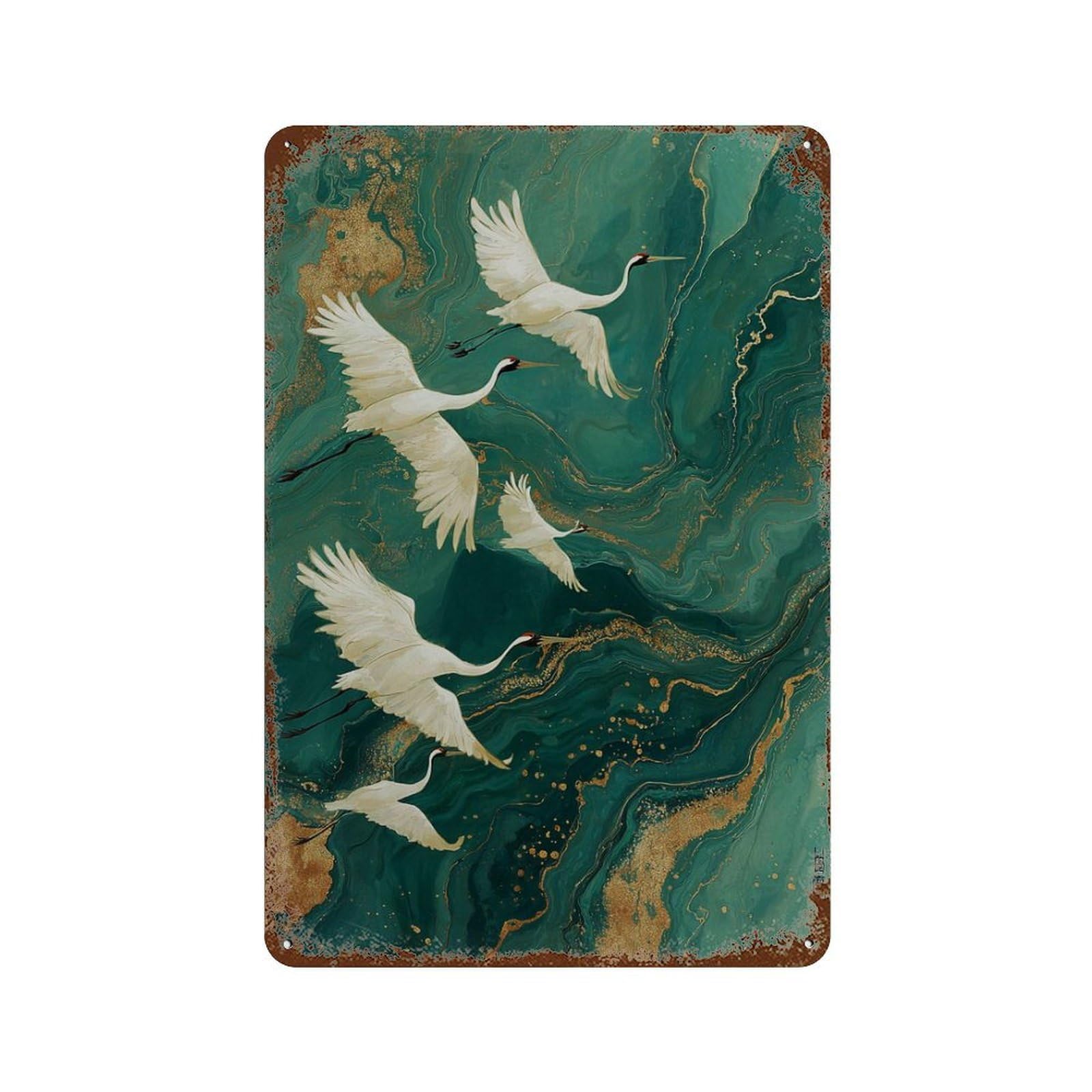 xiaoxiaoshen Japanese Crane Elegant Bird on Emerald Green Background Oriental Nature with Gol Wall Decor Art Metal Tin Poster Modern Home Decor Art Home Bar Shop Decorations Vintage Sign 30x20cm