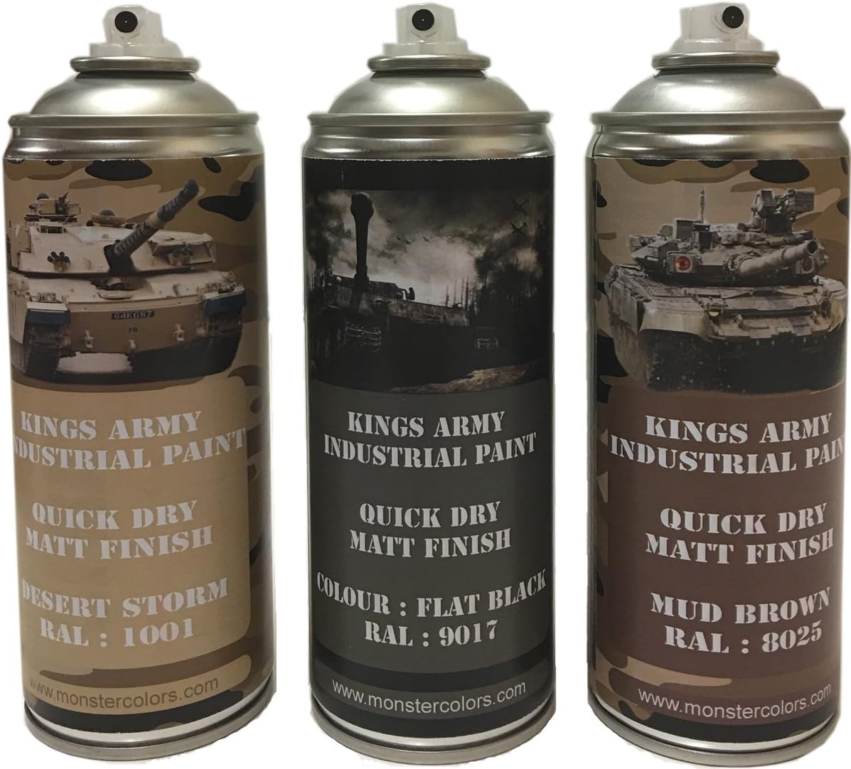 Kings Army Spray Paint 400ml Desert Camo Pack, Desert Storm,Flat Black