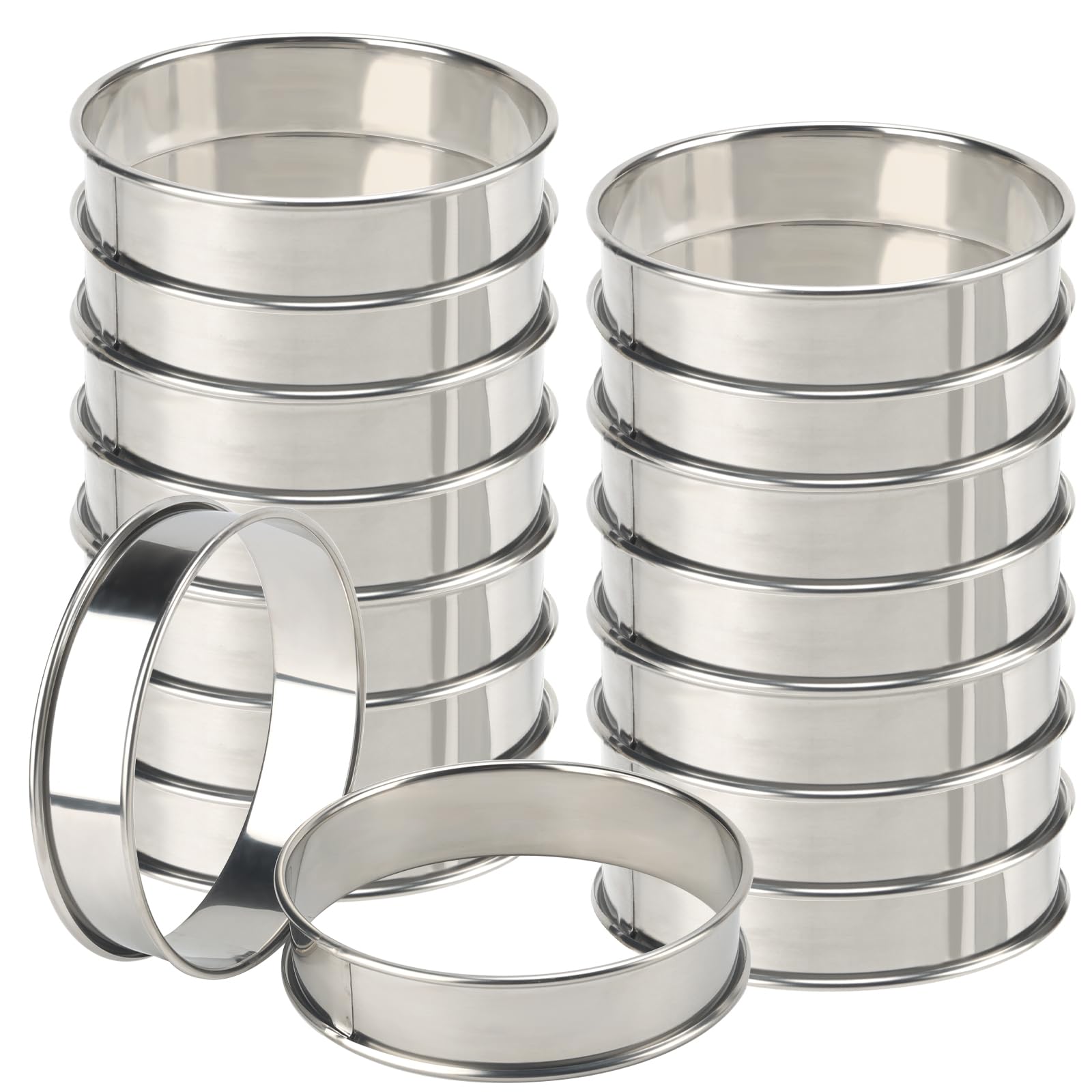 SHEUTSAN 15 Pieces 4 Inch English Muffin Rings, Stainless Steel Crumpet Rings, Double Rolled Tart Ring for Dessert Muffin Making Tool