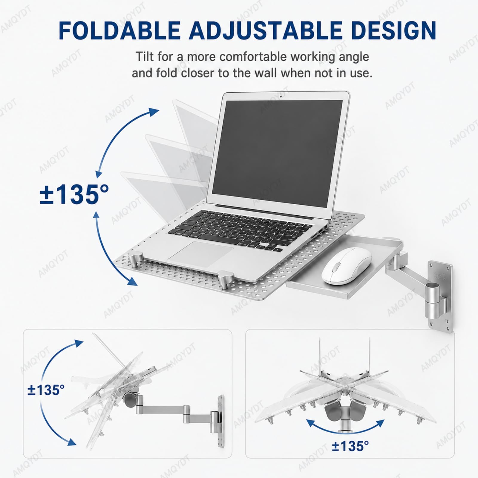 Supporto Da Parete Per Laptop, Supporto Pieghevole Con Vassoio Per Mouse Rimovibile, Capacità Di Carico 8 Kg, Rotazione A 360°, Inclinazione A 135°, Piattaforma Ventilata E Braccio Pieghevole Per