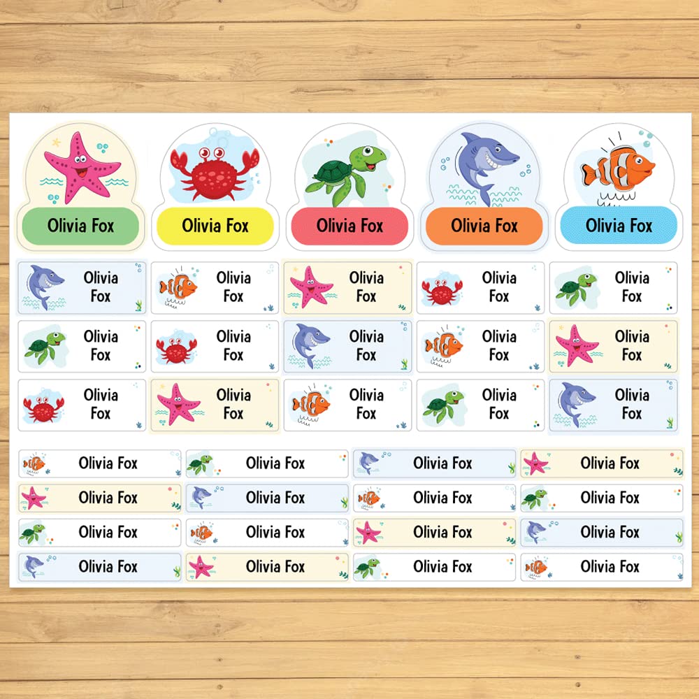 Sea Animals Kids Name Stickers Self Adhesive Waterproof Personalised Name Stickers for Water Bottles School Papa Prints®