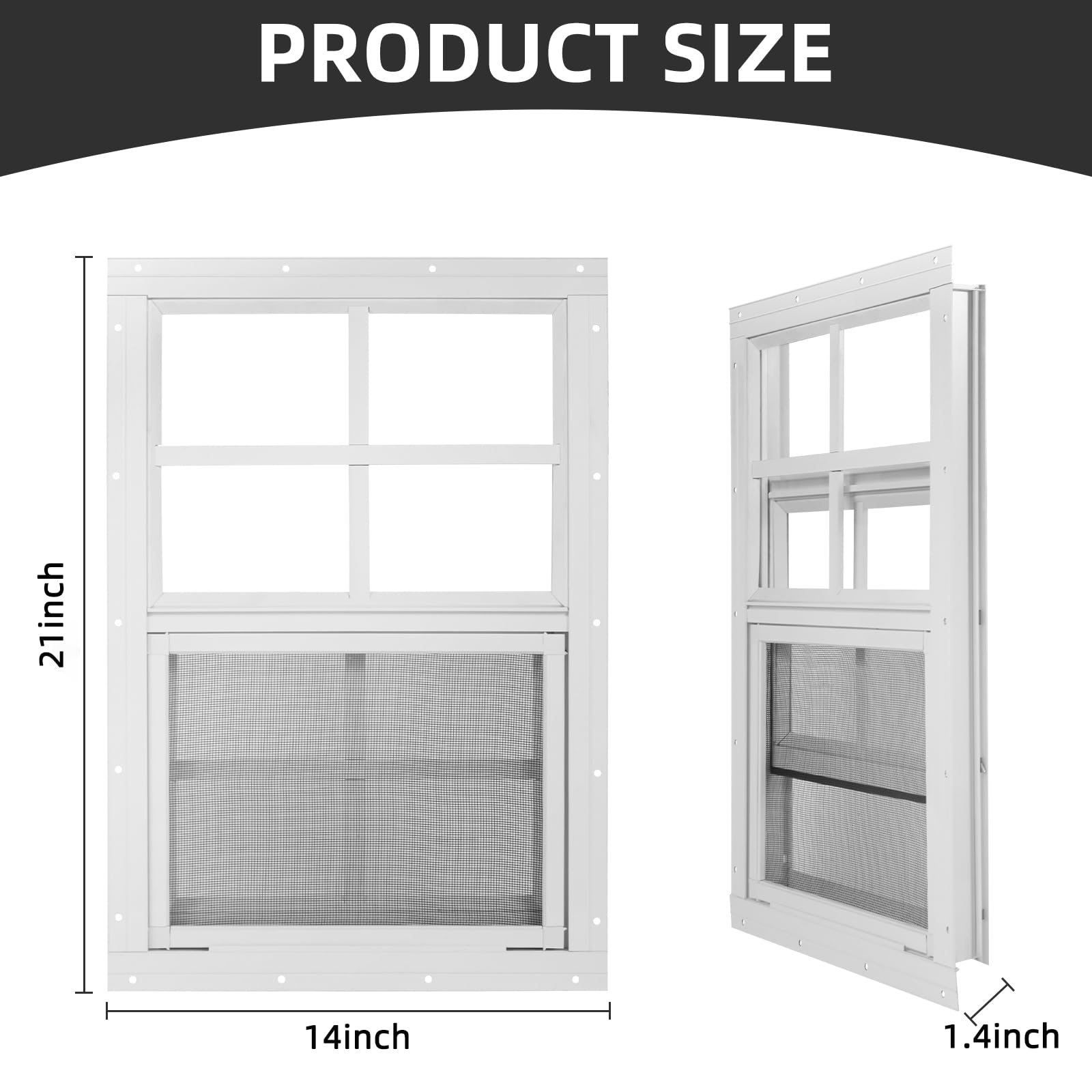 Paquete de 2 ventanas de cobertizo de 14 pulgadas de ancho x 21 pulgadas de alto, ventana blanca con vidrio templado y pantalla de fibra de vidrio, ventanas correderas con deslizador vertical y