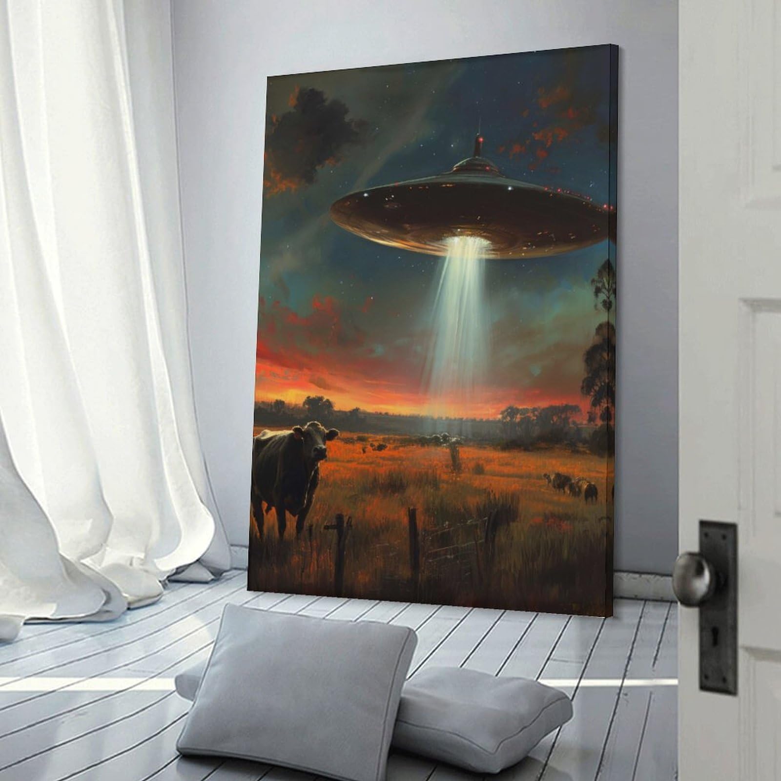 Junmoney Cow And Alien Spaceship Wall Decor Canvas Print, 20x30inch(50x75cm), for Small Homes, Bedrooms Or Open Spaces, Wall Decor with Flexible Room Appeal