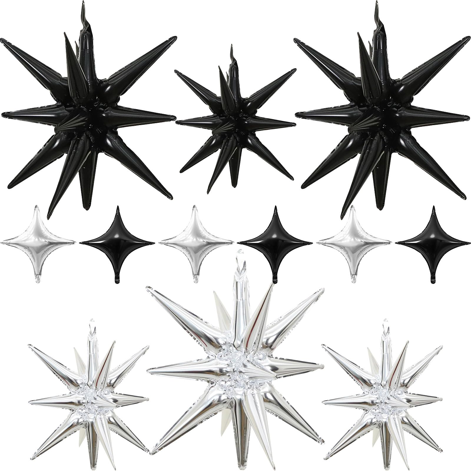 Black Silver Star Balloons 12pcs, One-Piece, 27/22 Inch Foil Star Explosion Balloons, Large Spike Mylar Cone Balloon, Fireworks Shape Balloon Decor for Bachelor Retirement Anniversary Graduation