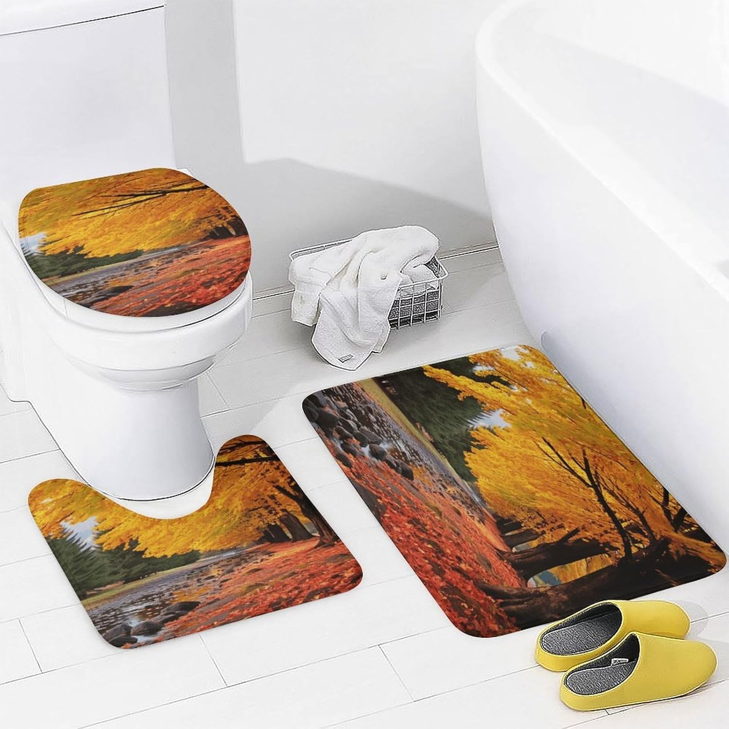 Fall Colors 4Pcs Shower Curtain Set with Non-Slip Rugs, Toilet Lid Cover and Bath Mat,Bathroom Set Decor Accessories,Curtain Set with 12 Hooks, 72 X 72 Inch