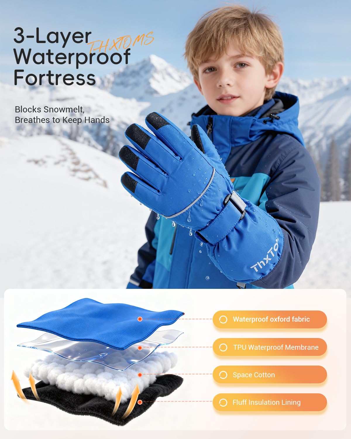 ThxToms Enfants Gants de Ski Hiver | Coupe-Vent, imperméables et Chauds | Gants résistants au Froid épaissis en Tissu Oxford -15℃ | Vélos de Sport d'extérieur | Garçons et Filles de 4 à 13 Ans
