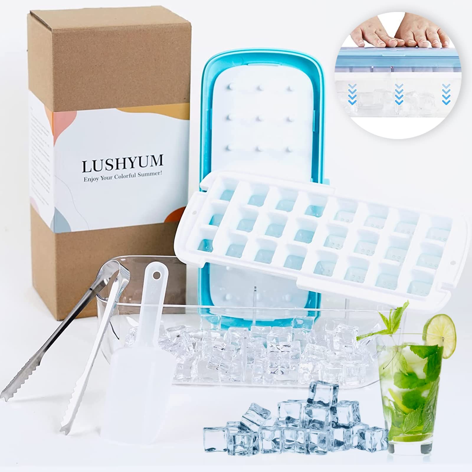 LUSHYUM Ice Cube Tray With Lid and Bin for Freezer, 24 Nuggets 1" Cubes
