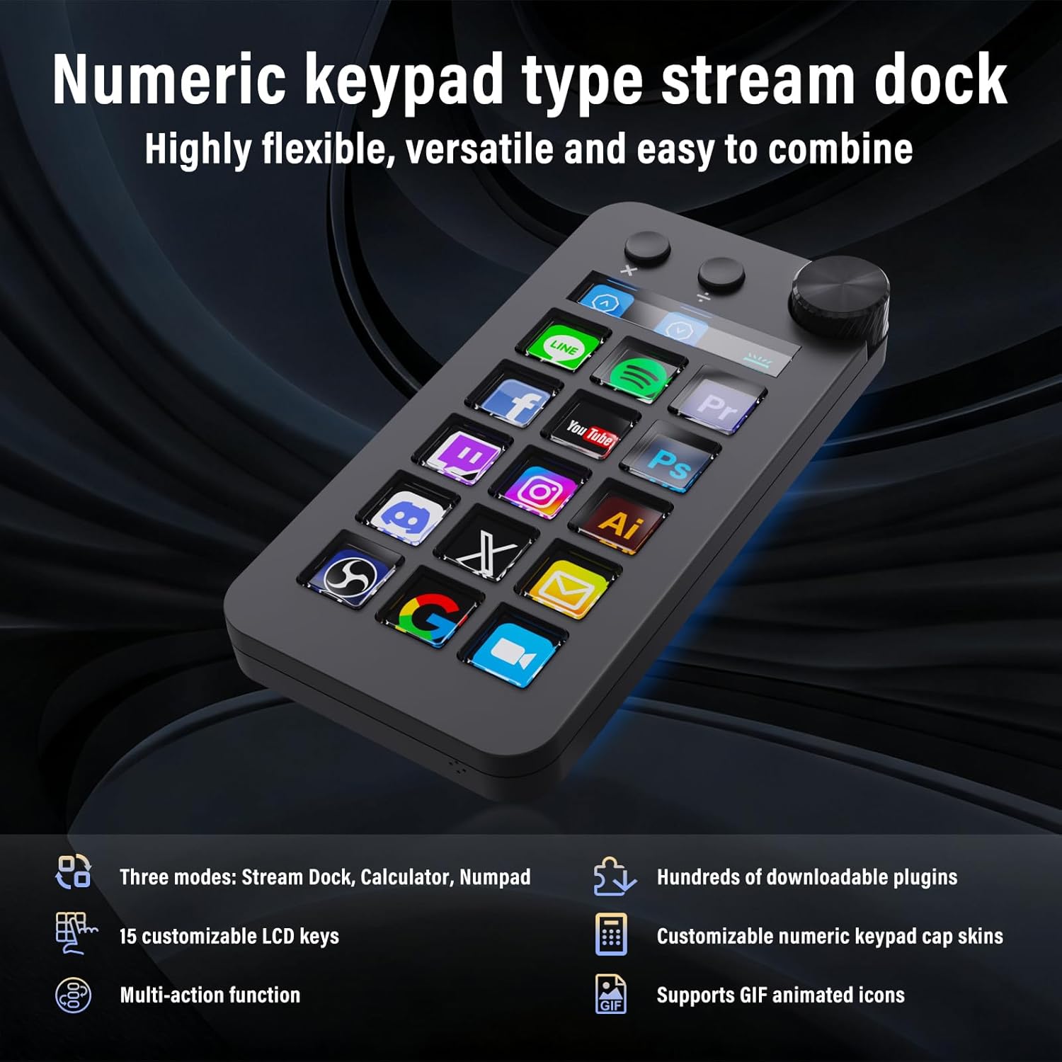 Stream Controller Deck,Macro Keypad,Gaming Macro Keyboard,Three Modes(Shortcut Keys,Calculator,Numeric Keypad),for OBS,Photoshop,Adobe Premiere Pro and Office Setup(N1 Black)