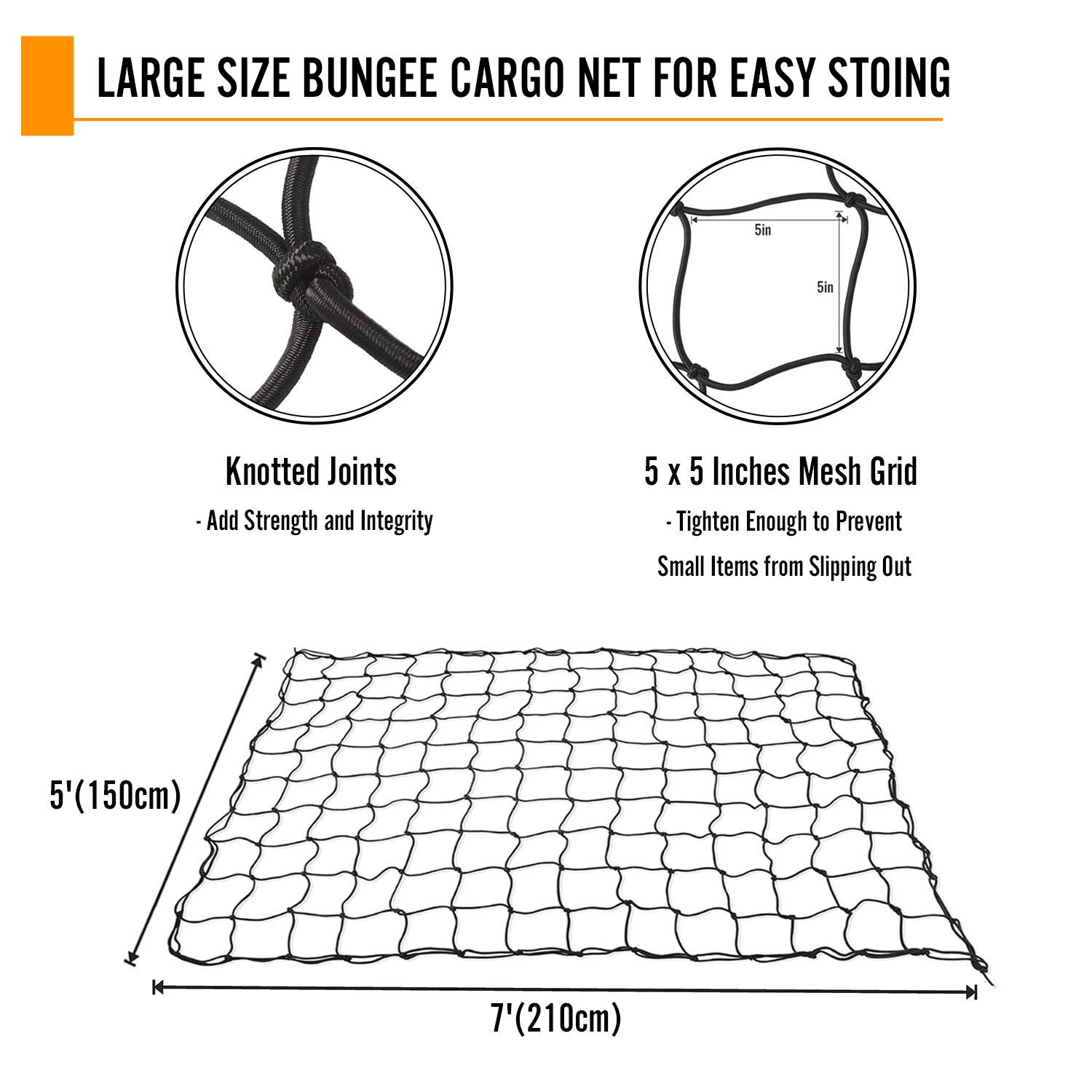 5’ x 7’ Bungee Cargo Net Stretches to 10' x 14' for Truck Bed, Pickup Bed, Trailer, Trunk, SUV with 16 Bonus D Clip Carabiners Car Organizer Net for Large Loads (Black)