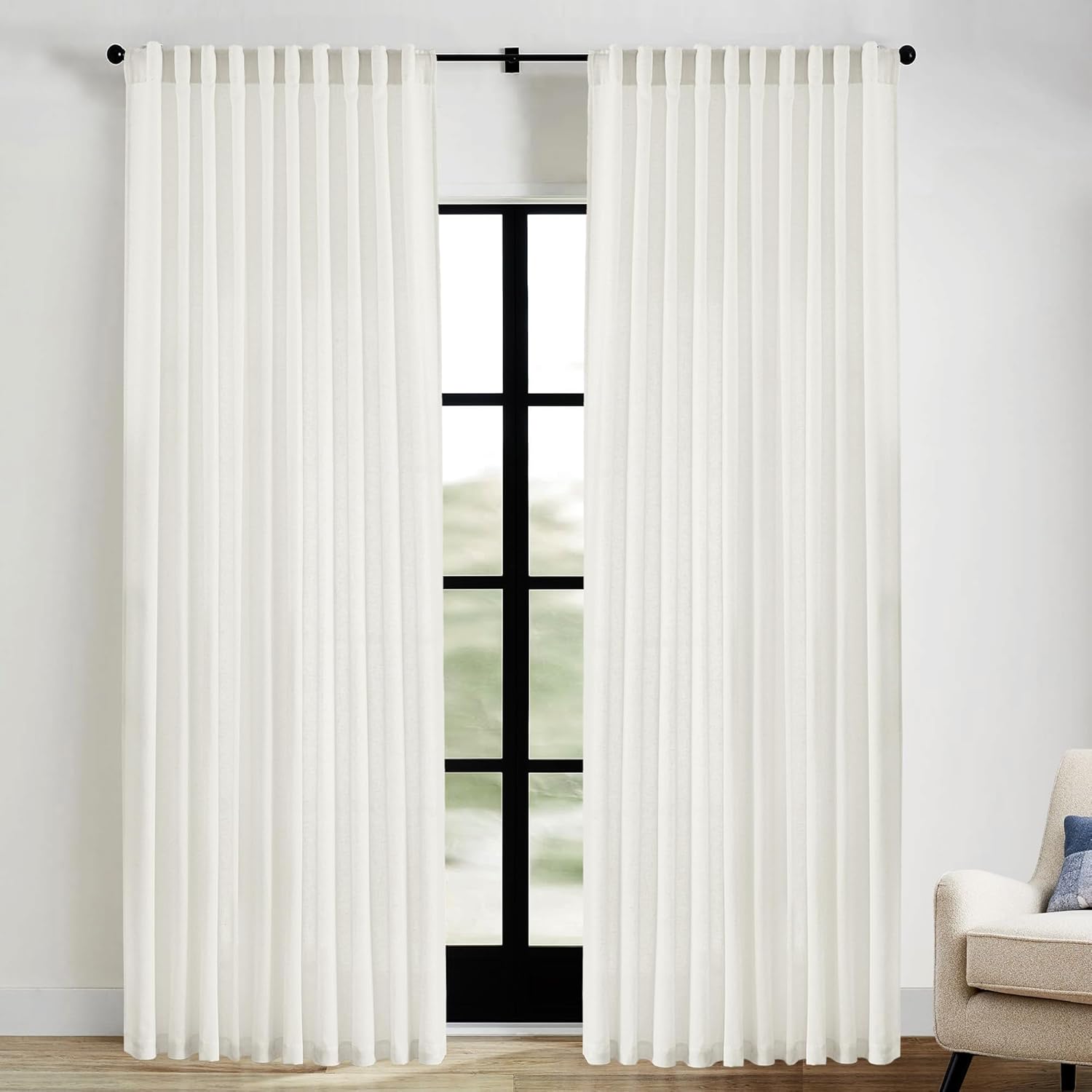 XTMYI Extra Wide Curtains 70 in Width for 72 Inch Window,Pleated Back Tab Linen Semi Sheer Full Length Curtains for Living Room Sliding Glass Door 2 Panel Set,72x90,70x90,6FT x 90 Inches Long,Cream