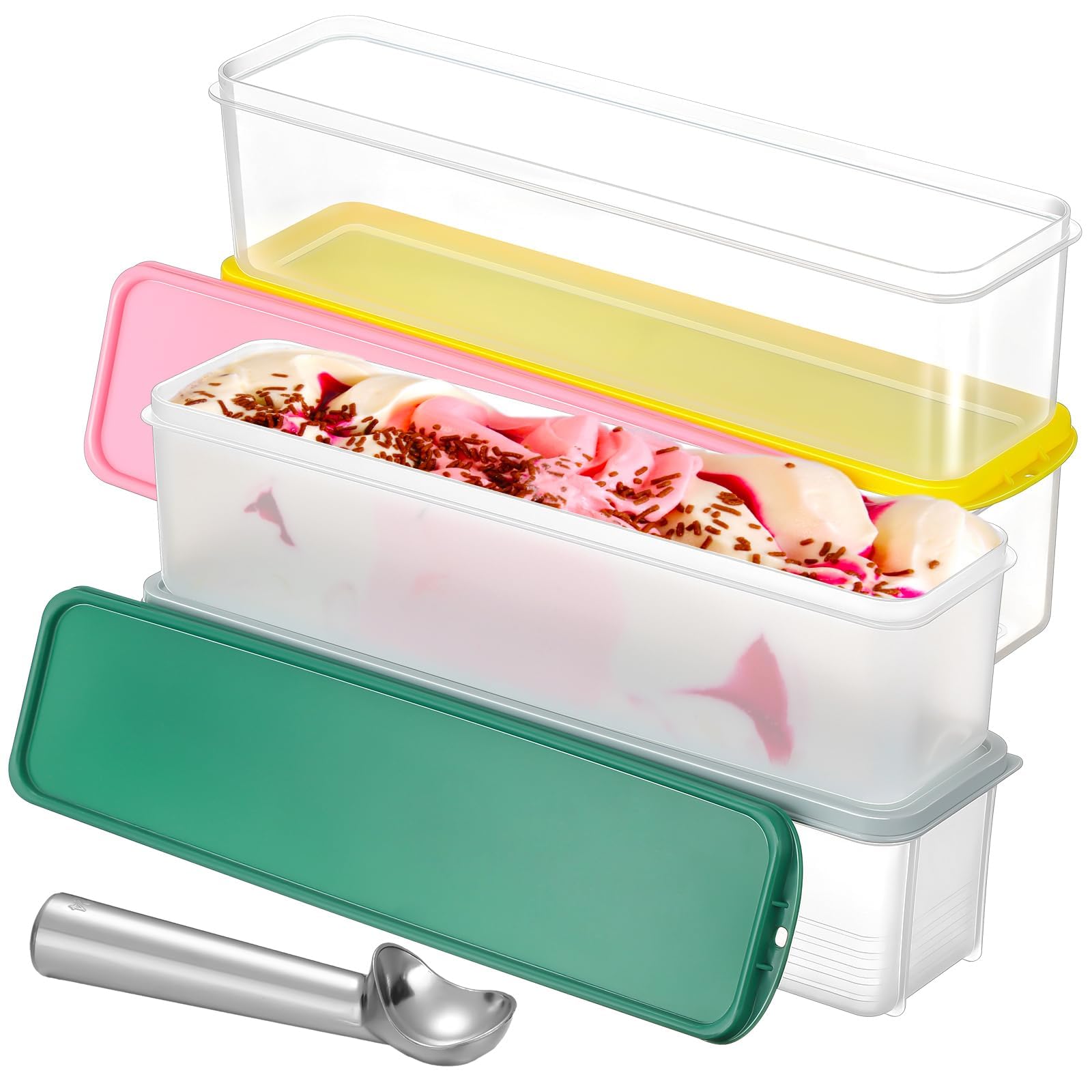 NALACAL 4Pcs Rectangle Ice Cream Storage Containers, Reusable Homemade Ice Cream Case with Lids and Scoop, 2 Quarts Freezer Storage Container for Ice Cream, Sorbet and Frozen Yogurt