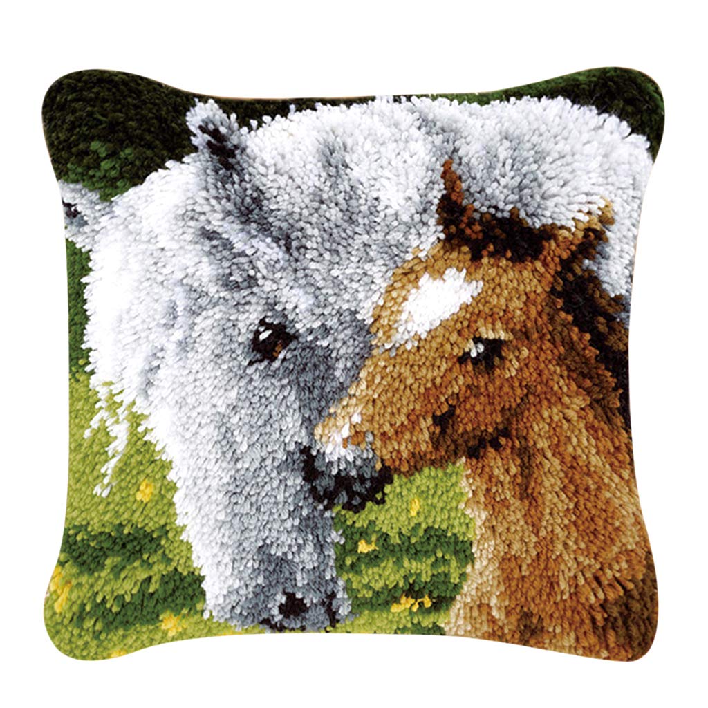 Jojomis Latch Hook Kits for DIY Throw Pillow Cover,Needlework Cushion Cover Hand Craft Crochet for Great Family 17X17inch Two Horses(Brown and White)