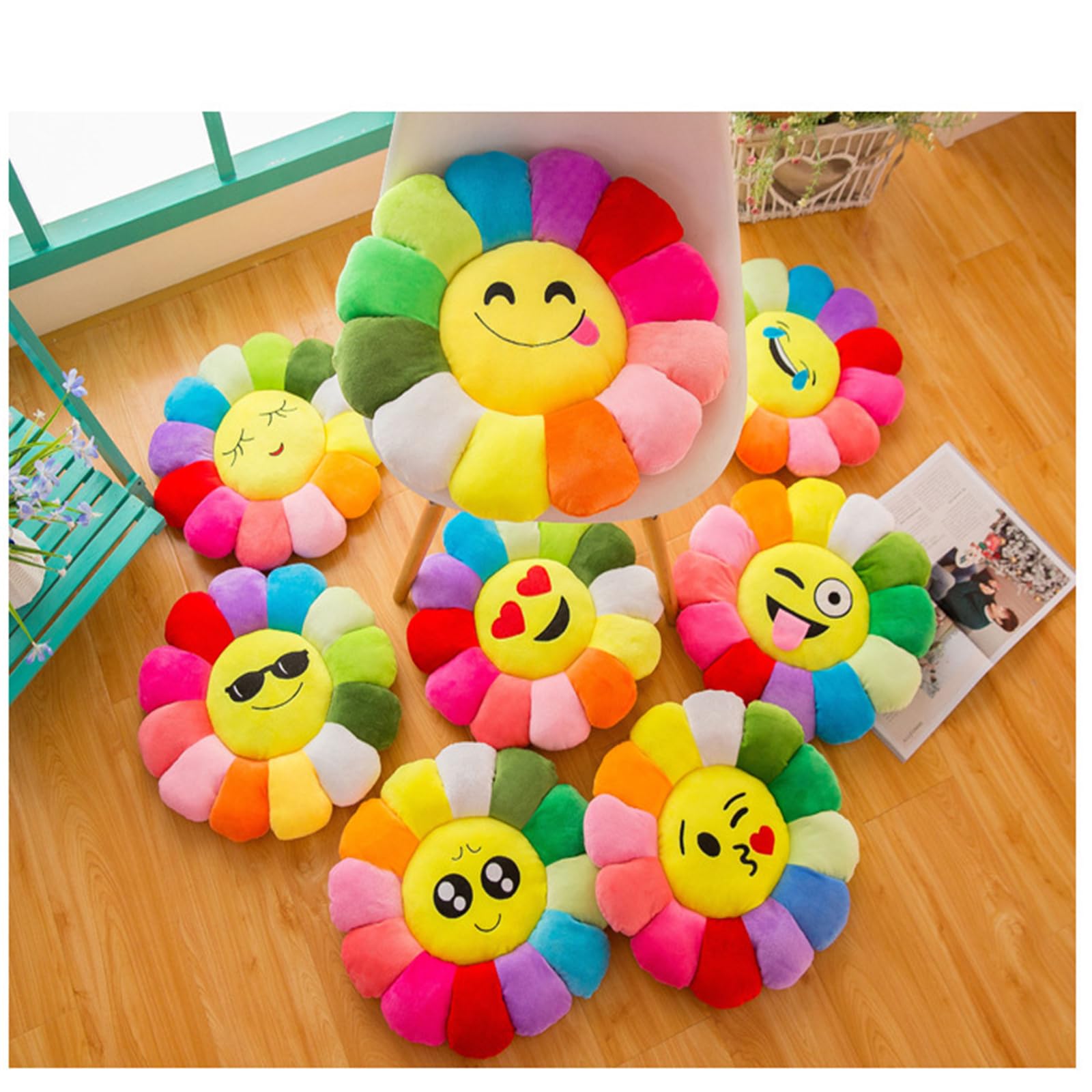 champracer Sonnenblumen-Bodenkissen für Kinder, Weiches Plüschkissen, Sofakissen, weiches Sitzkissen, für Kinder, zum Lesen, Fernsehen, Schlafzimmer, Dekoration (blinzeln und Spucken, 40 cm)
