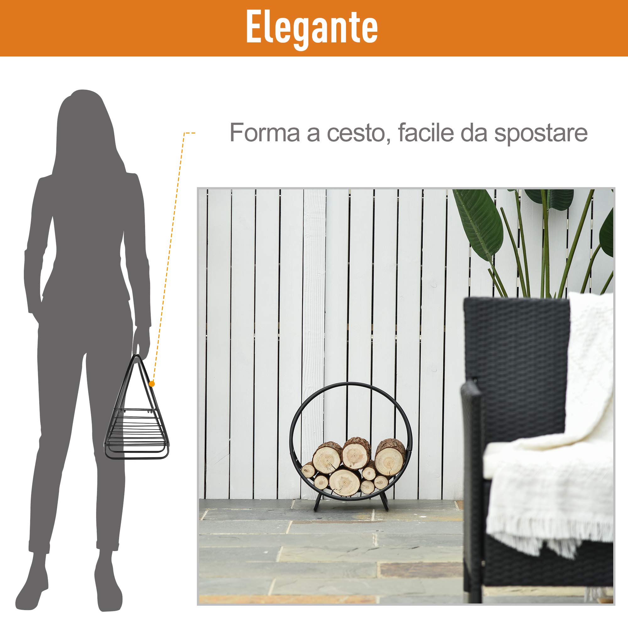 Outsunny Portalegna in Metallo per Camino, Porta Legna a Cesto, 45x29.5x47cm, Nero