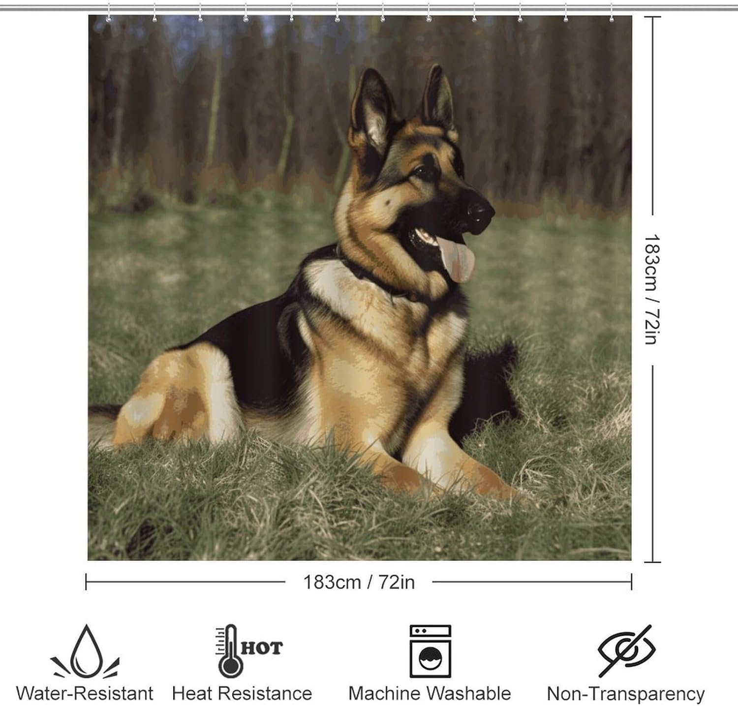 German Shepherd Dog Shower Curtain Set 4 Piece, Non-Slip Bath Mat with Toilet Lid Cover and Waterproof Shower Curtain with 12 Hooks, Complete Bathroom Set for Home Decor
