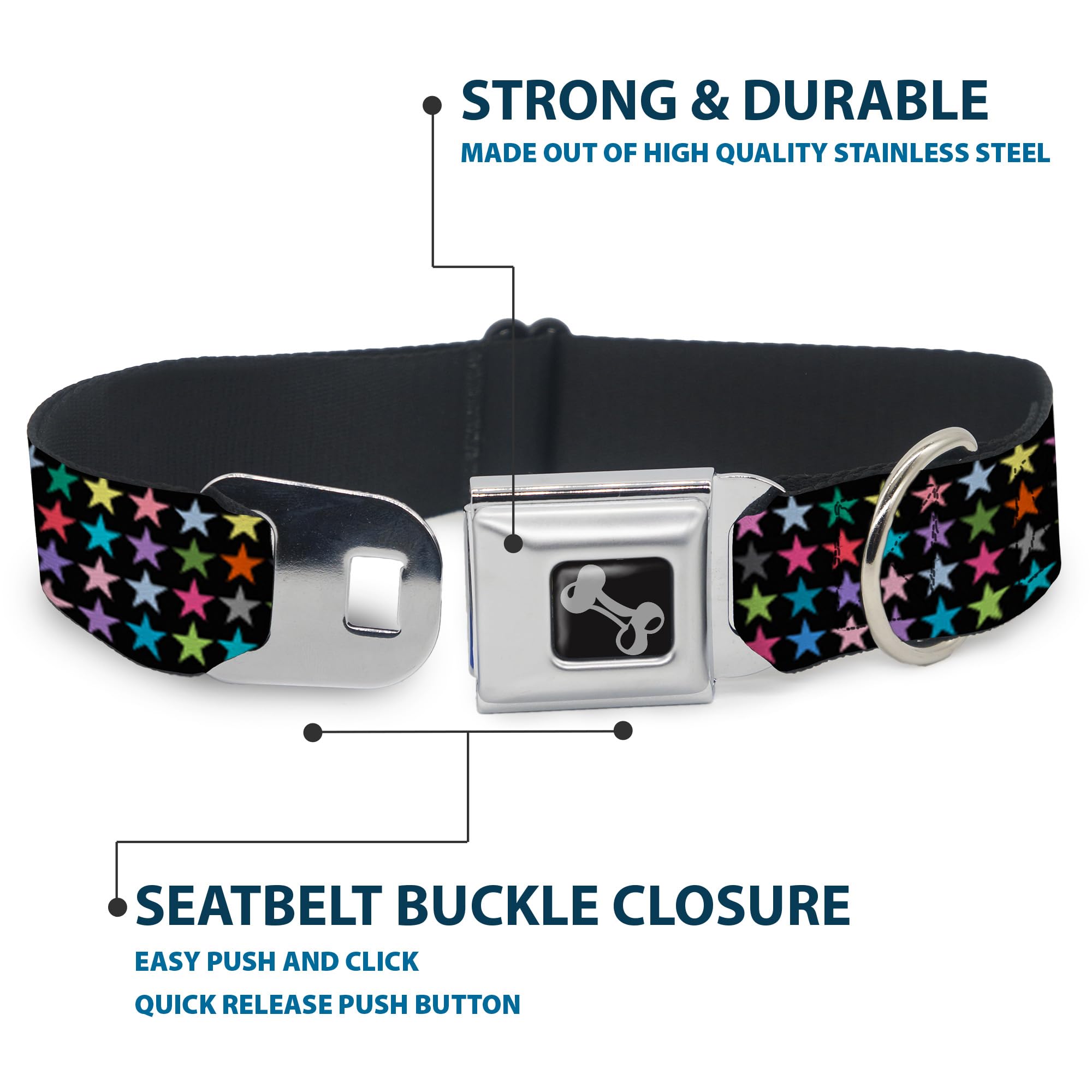 Buckle-Down Obroża dla psa z klamrą pasa bezpieczeństwa - mini gwiazdy czarne/wielokolorowe - szerokość 3,8 cm - pasuje na szyję 40-58 cm - rozmiar M