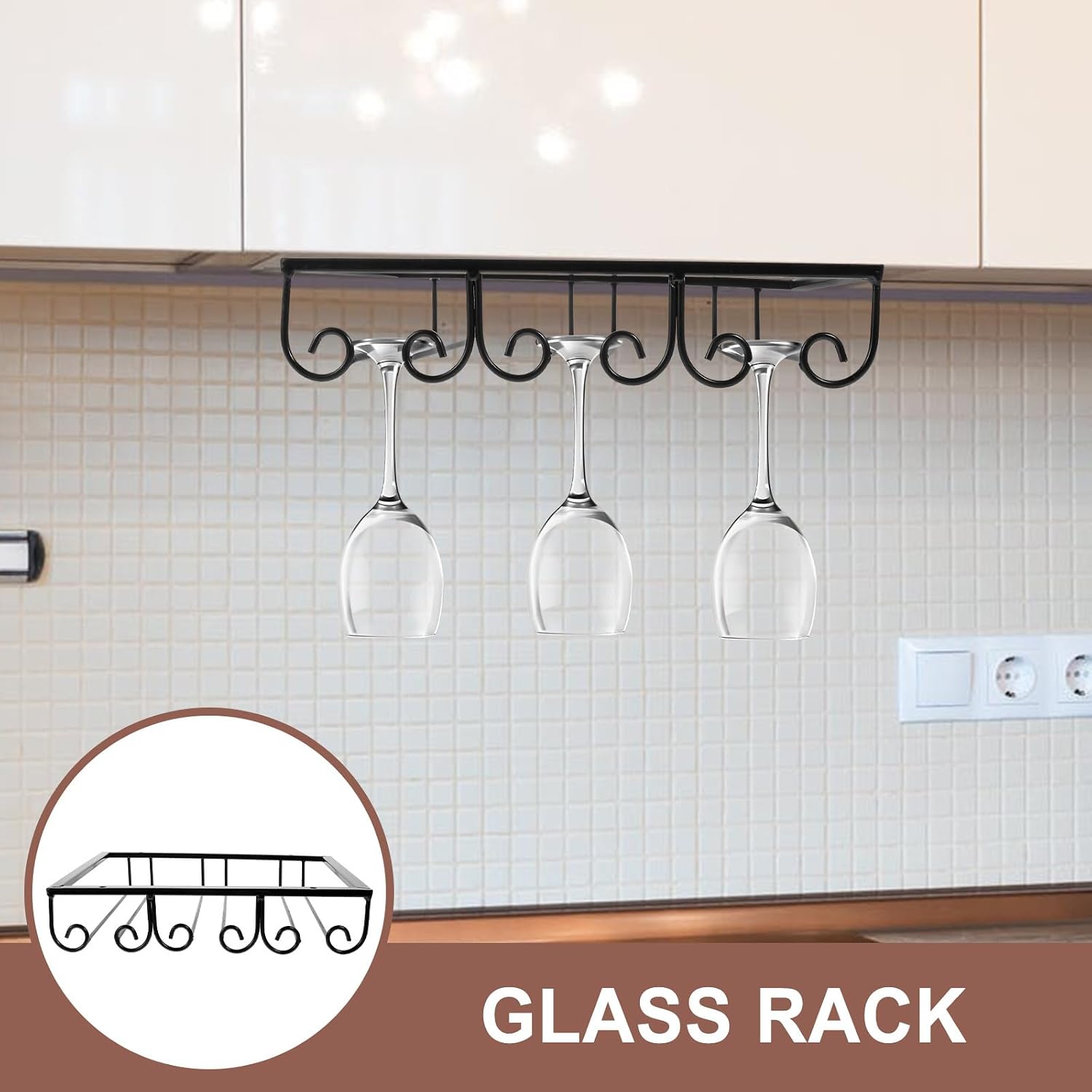 Wine Glass Rack under Cabinet Stemware Holder Iron Hanging Bar Glass Organizer for Home Kitchen with 3 Slots