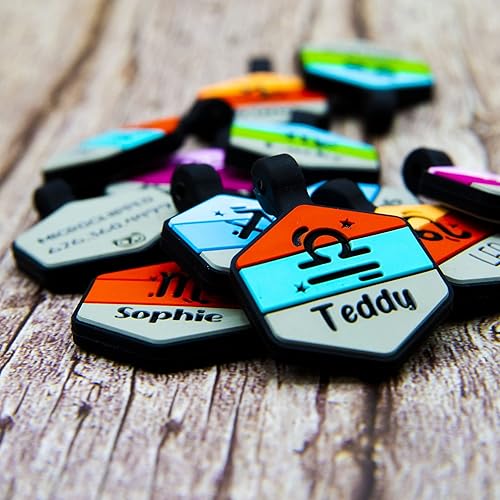 Miniatura 3 de Placa silenciosa para perro personalizada con 5 líneas de identificación de mascotas de silicona duradera y grabada profundamente, hexágono, color