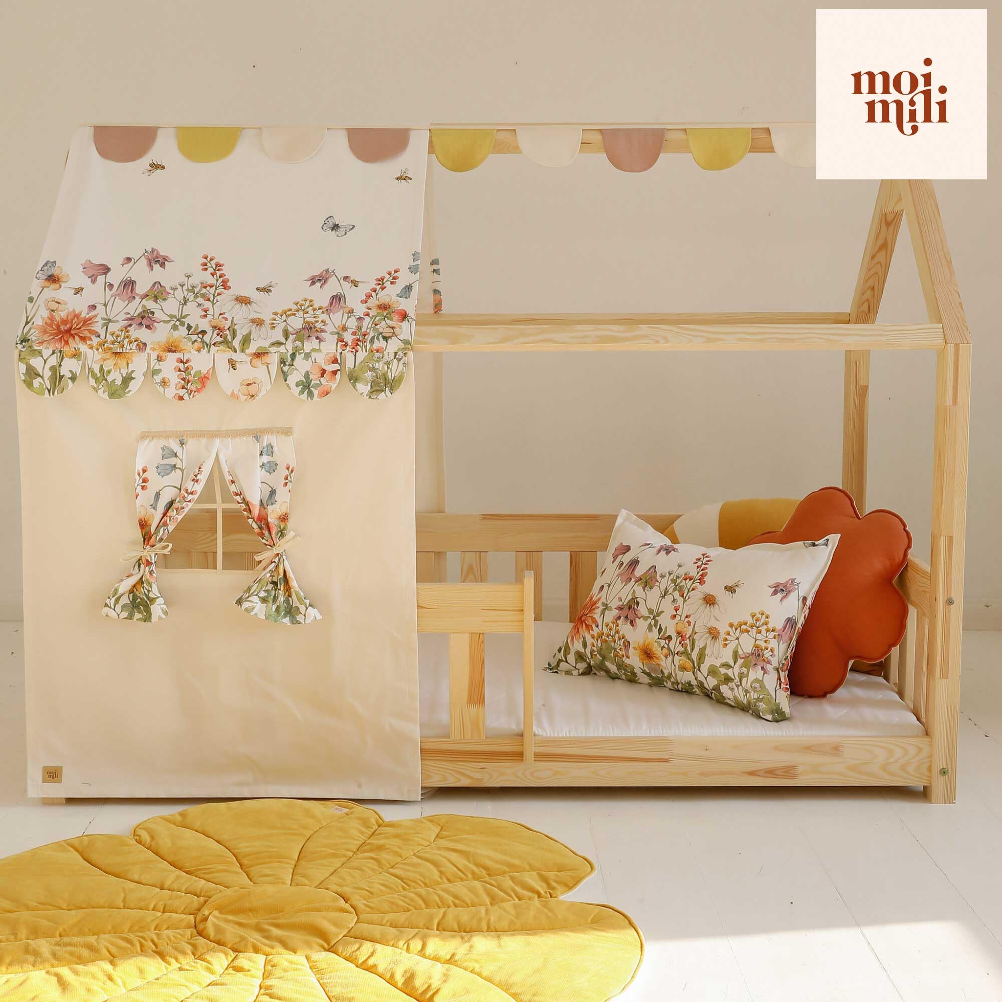 Moi Mili Dosel de cama con aspecto de casa, cortina de flores silvestres, 350 x 100 cm, dosel en forma de casa con ventana para cama infantil, decoración de cama, dosel de la casa, habitación infantil