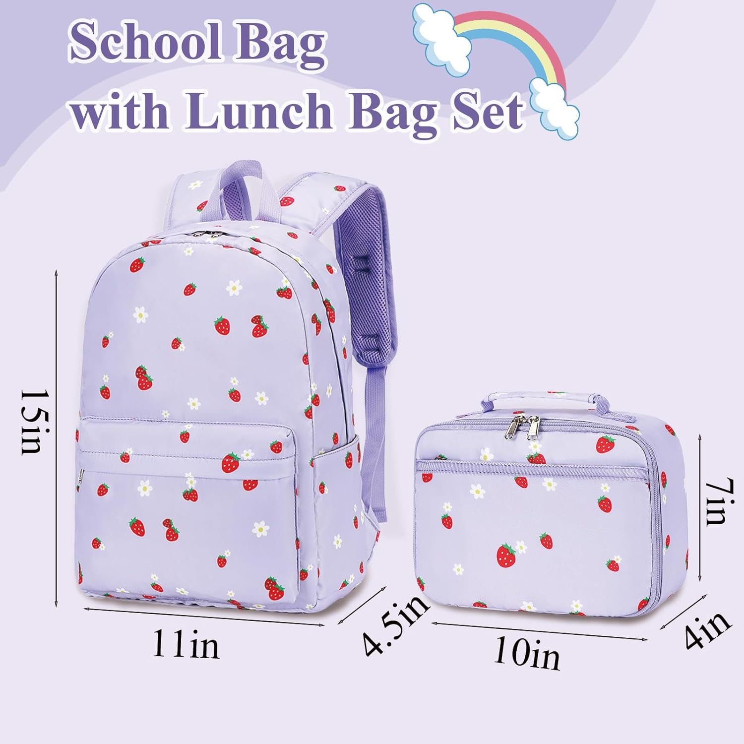 LEDAOU Kids School Backpack with Lunch Box for Girls Kindergarten Elementary BookBag School Bag Preschool Toddler Backpack(Purple Strawberry) - Image 7