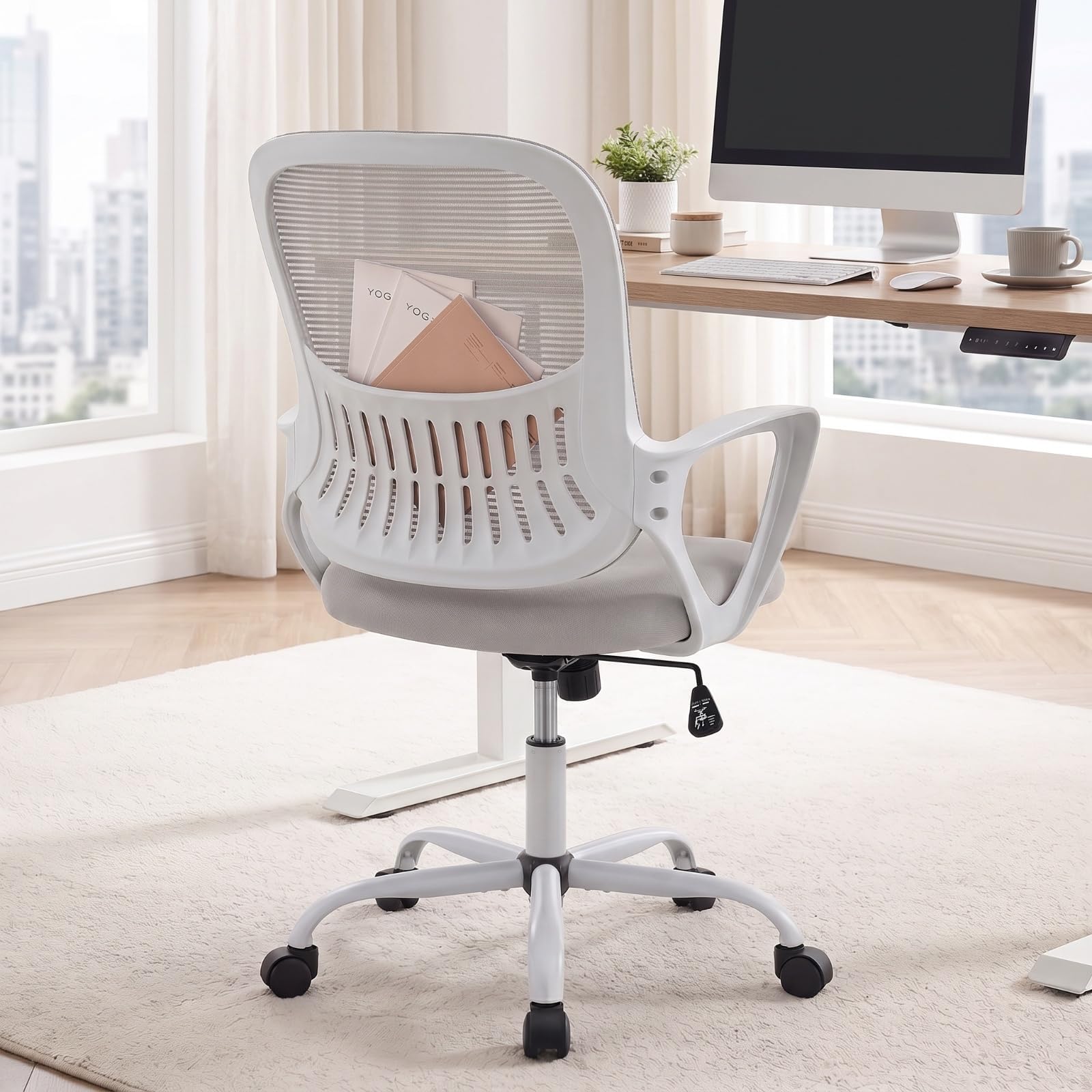 Office Computer Desk Managerial Executive Chair, Ergonomic Mid-Back Mesh Rolling Work Swivel Chairs with Wheels, Comfortable Lumbar Support, Comfy Arms for Home,Bedroom,Study,Student,Grey