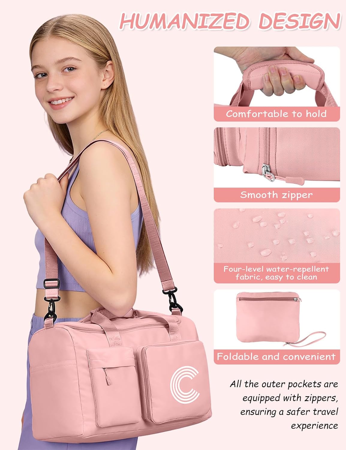 Gifts for Girls Women, Initial kids Duffle bag with Shoe Compartment, Personalized Duffle Bags for Girls Gym Bag, Birthday Gifts for Kids Women Daughter Sister Friend Wife, Pink M